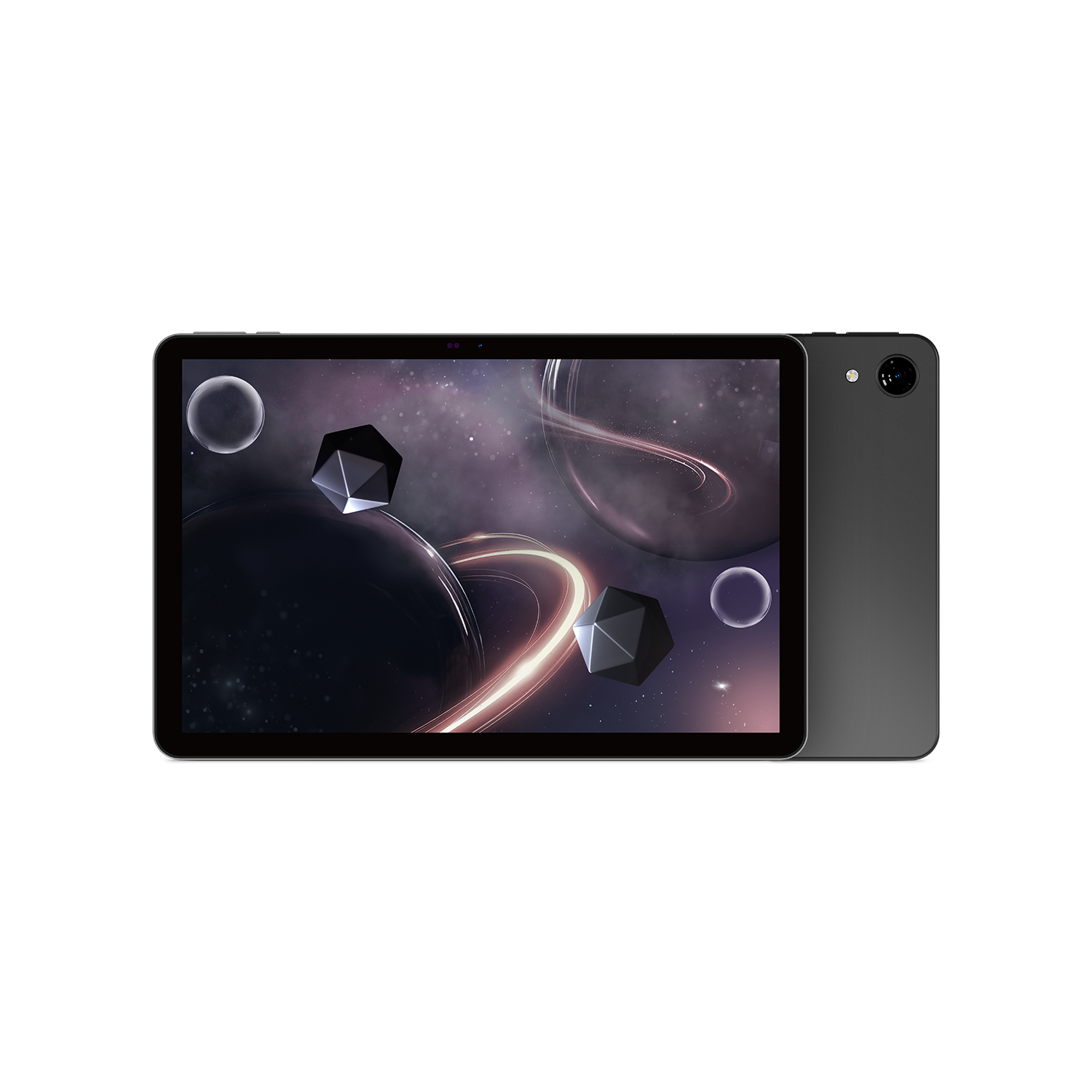 Una tableta muestra una escena espacial con planetas, formas geométricas y una luz brillante. La parte trasera de la tableta es gris con una cámara.
