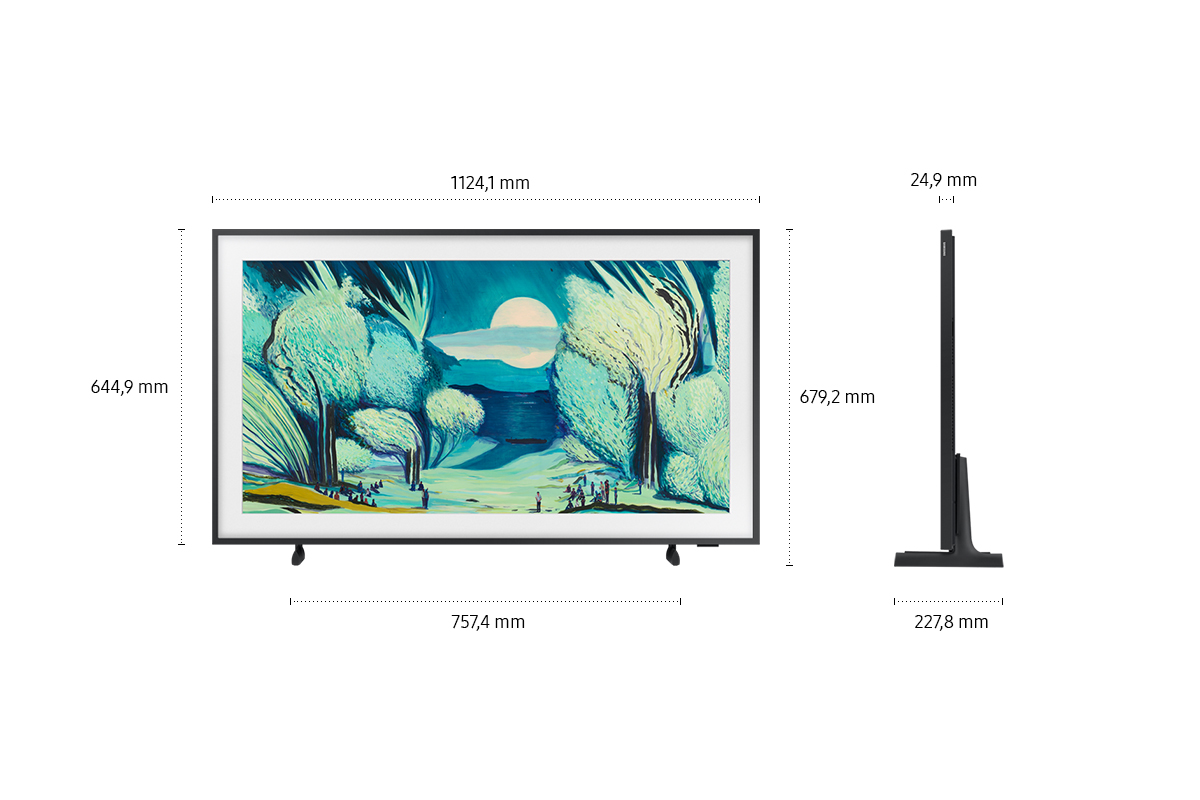 Ein schwarz gerahmter Fernseher zeigt ein Landschaftsgemälde mit Bäumen und einem großen Mond. Abmessungen und Maße werden ebenfalls angezeigt.
