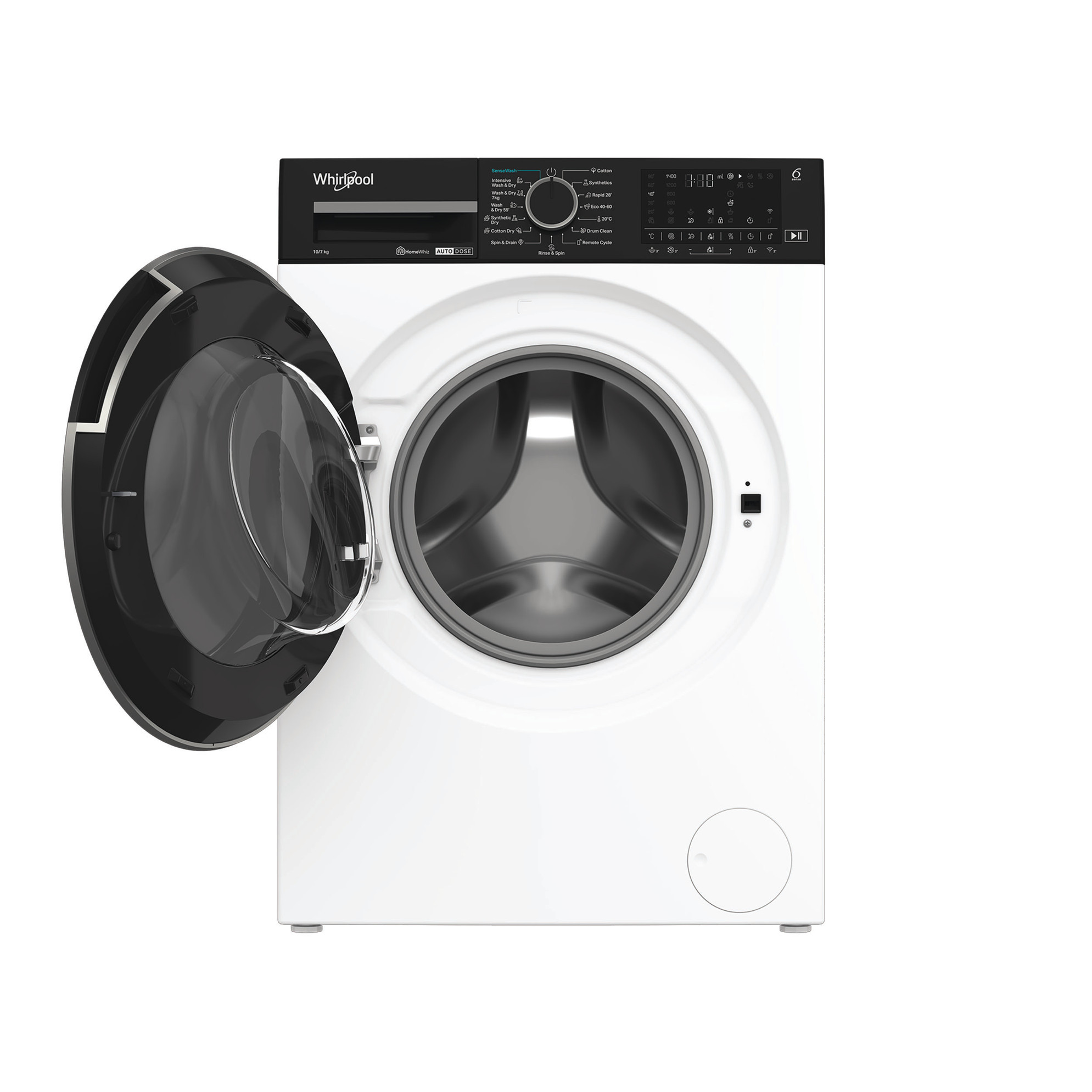 Fehér Whirlpool mosógép nyitott ajtóval. Vezérlőpanel felül, fekete ajtókeret, dob látható.