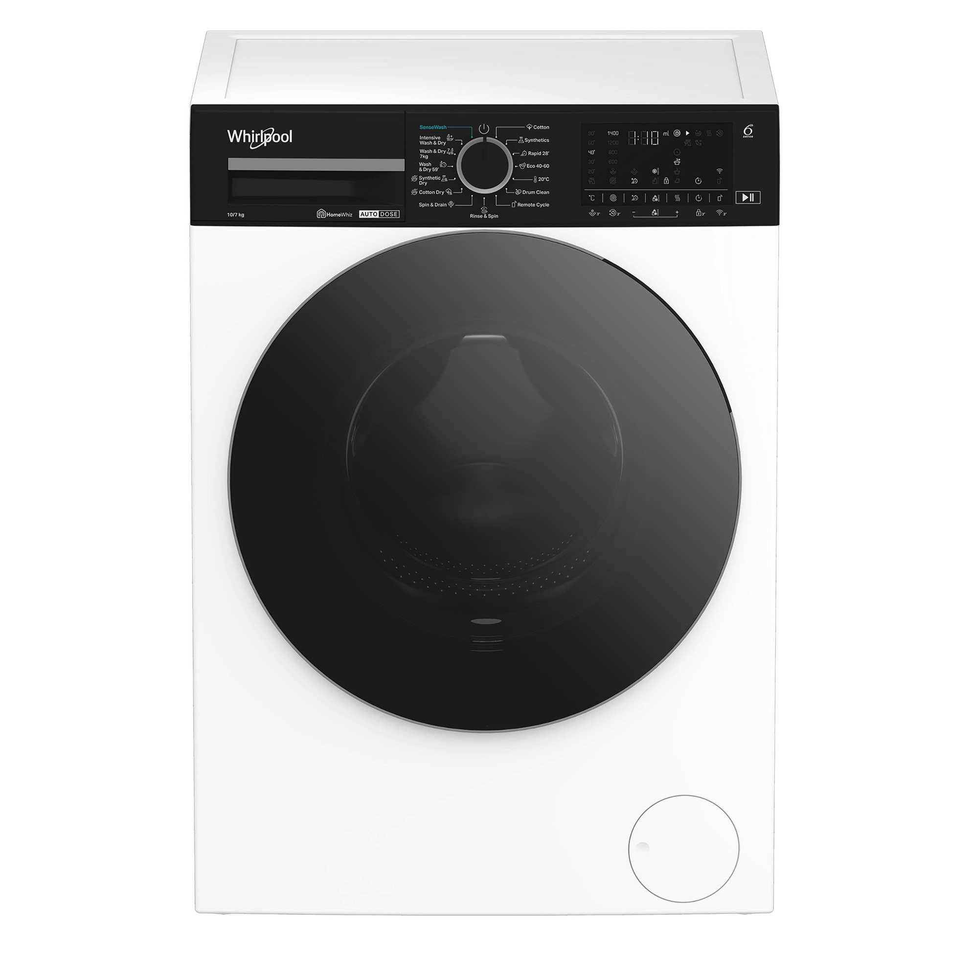 Fehér Whirlpool mosógép. Fekete ajtaja és vezérlőpanelje, gombok és kijelzője van. Az ajtó kerek.