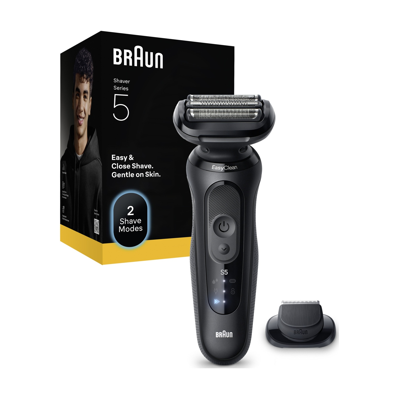 Rasoio elettrico Braun Series 5 con scatola. Il rasoio è nero, con base di ricarica e il volto di un uomo sulla scatola.