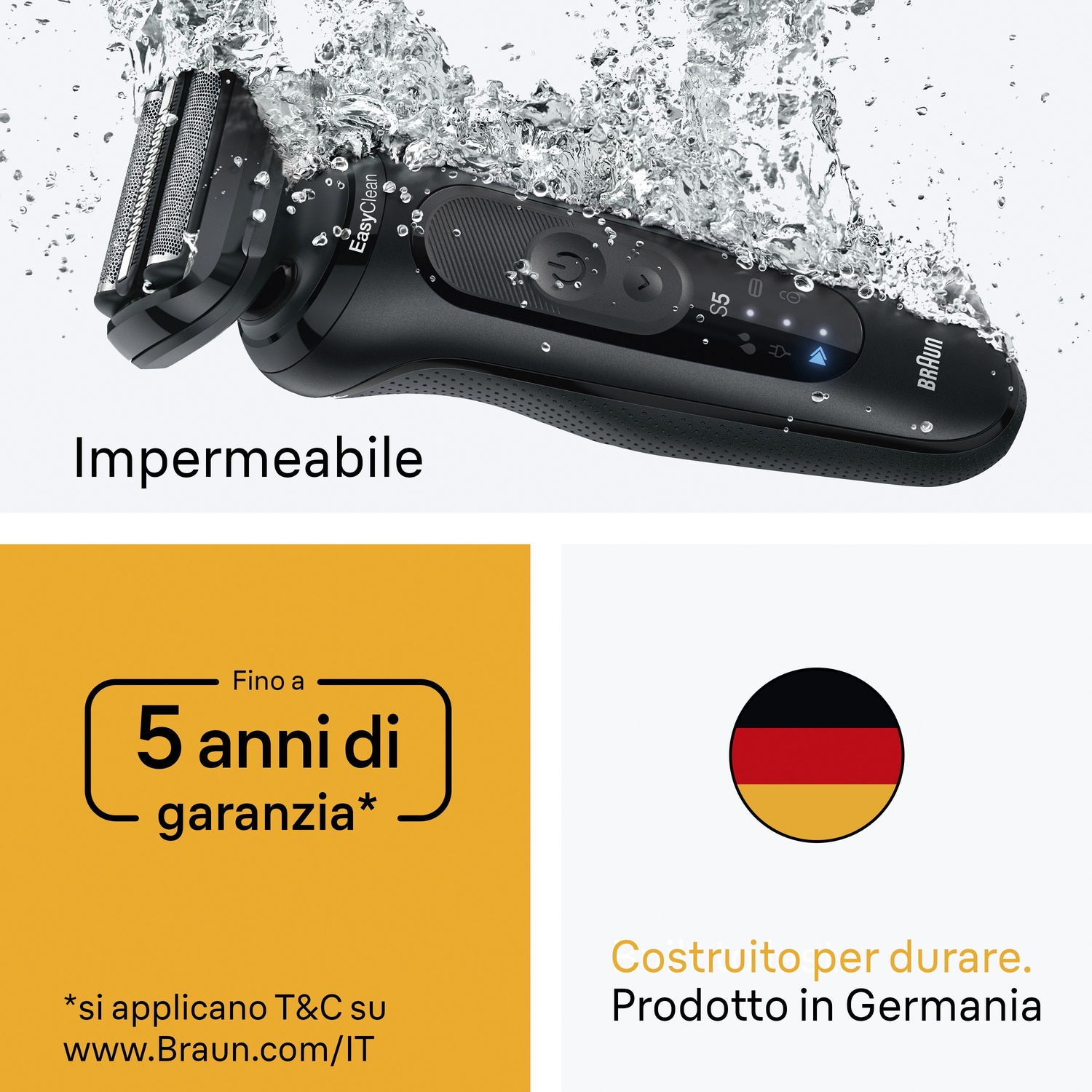 Rasoio Braun nero immerso nell'acqua. Testo di garanzia giallo e bandiera tedesca con testo: Costruito per durare, Prodotto in Germania.