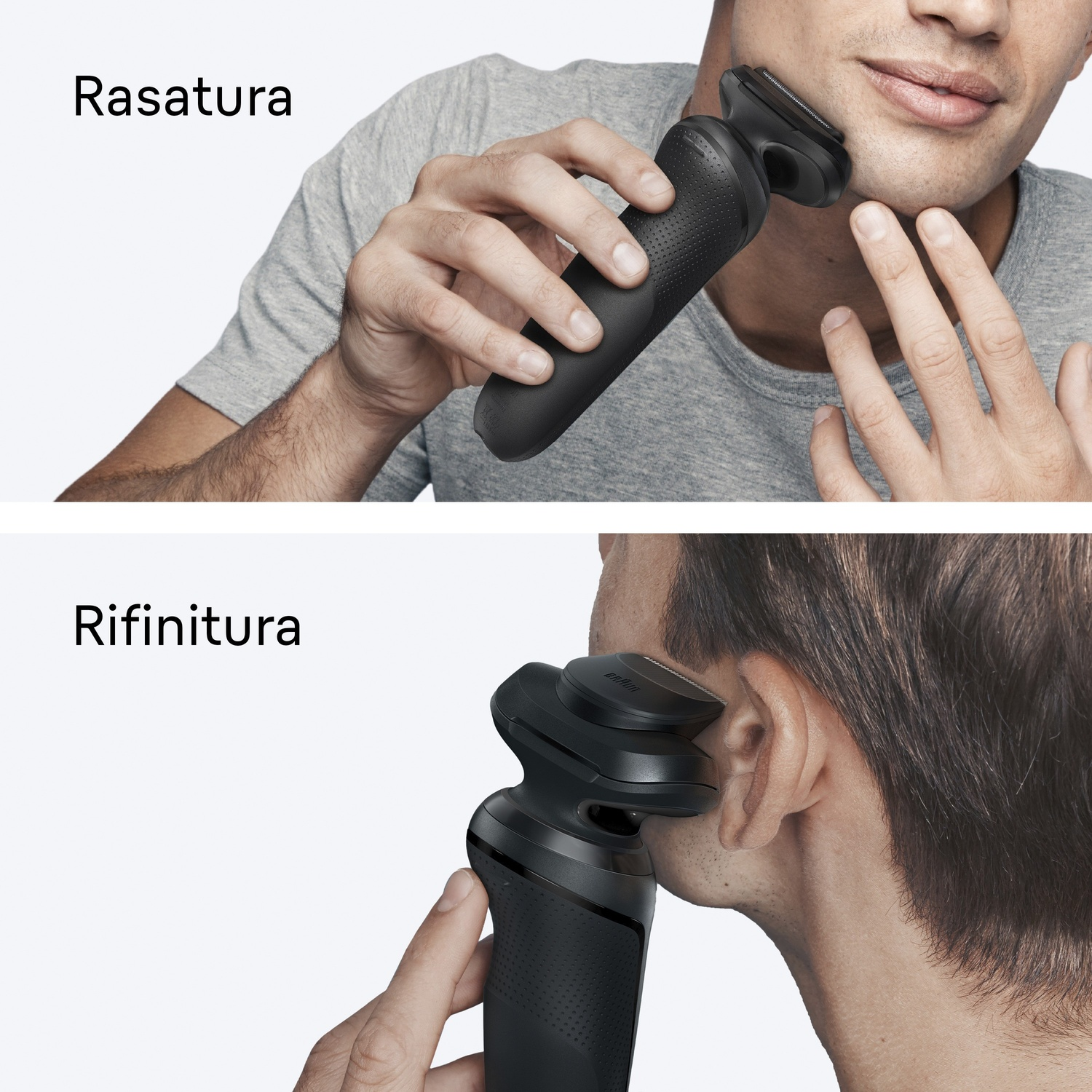 Uomo che si rade con un rasoio elettrico nero. L'immagine mostra due diverse fasi della rasatura: 'Rasatura' e 'Rifinitura'.