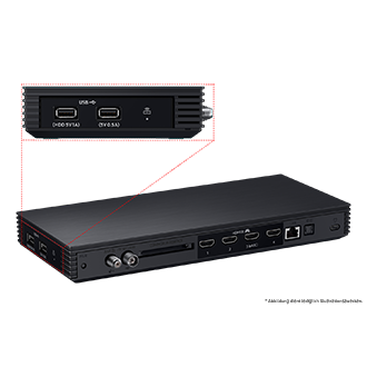 Schwarzes elektronisches Gerät mit mehreren Anschlüssen. USB, HDMI und andere Anschlusstypen sind sichtbar.