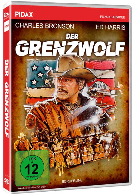 Filmcover, Charles Bronson im Cowboyhut. Titel: Der Grenzwolf. Hintergrund: Amerikanische Flagge, Hubschrauber, Menschen. FSK 12 Aufkleber.