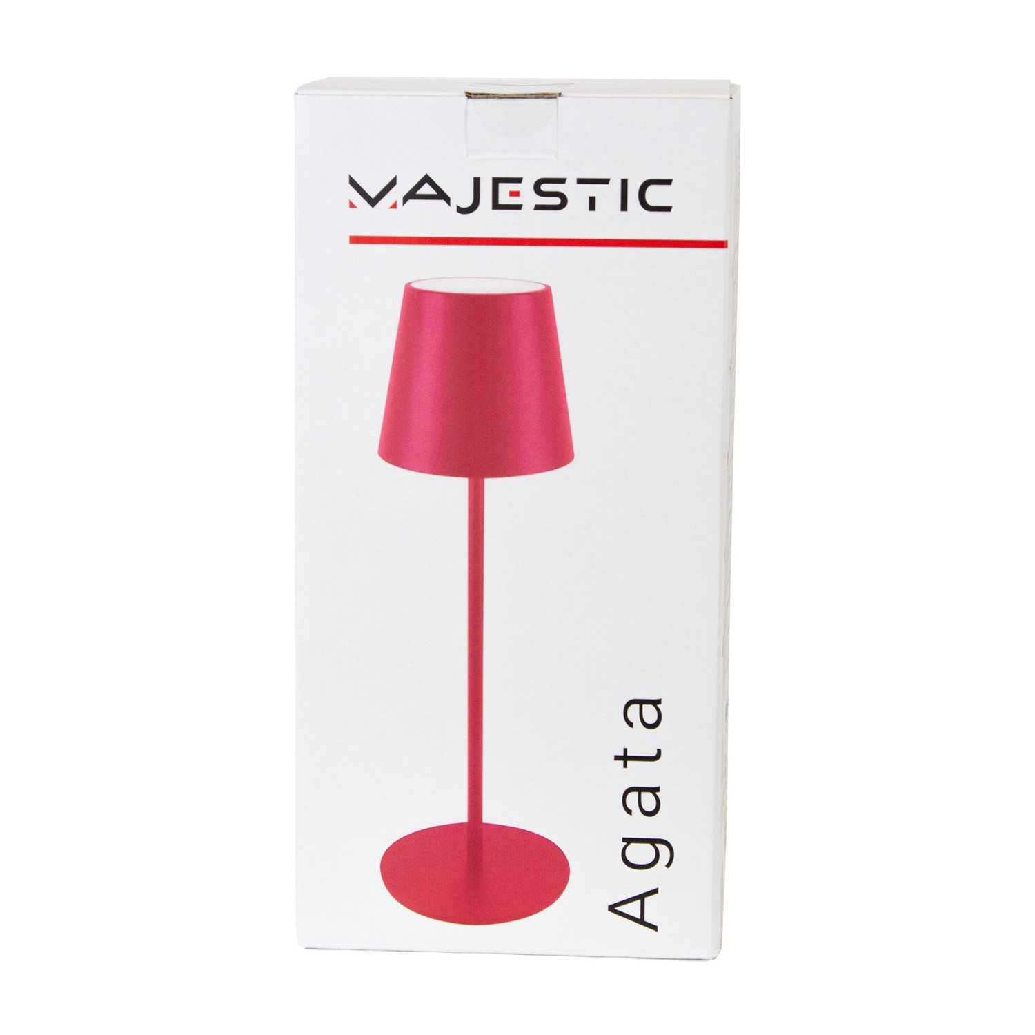 Scatola con illustrazione di lampada rossa. La lampada ha una base rotonda, uno stelo sottile e un paralume. La scatola dice 'MAJESTIC' e 'Agata'.