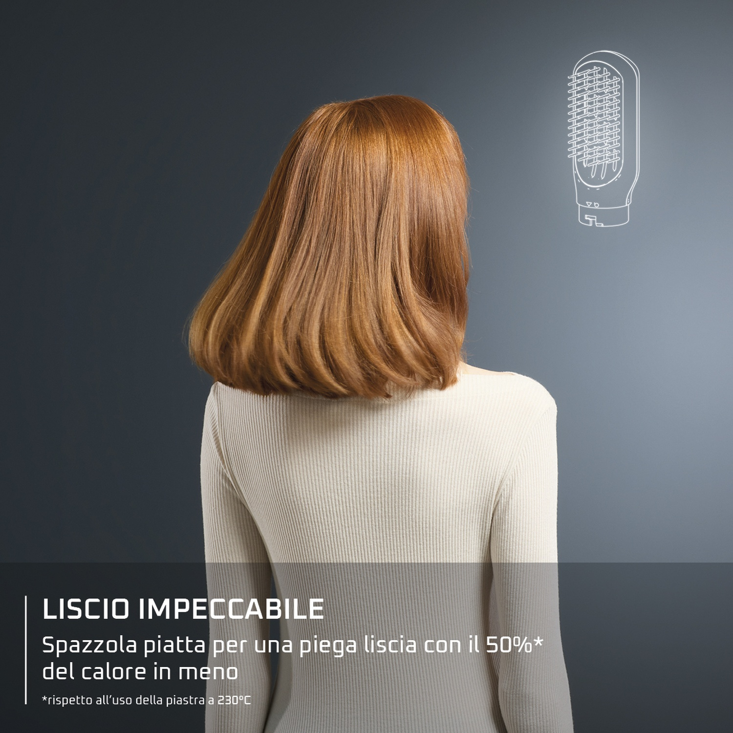 Donna con capelli rossi, maglione color crema, vista da dietro. Schizzo di spazzola a destra. Testo in basso.