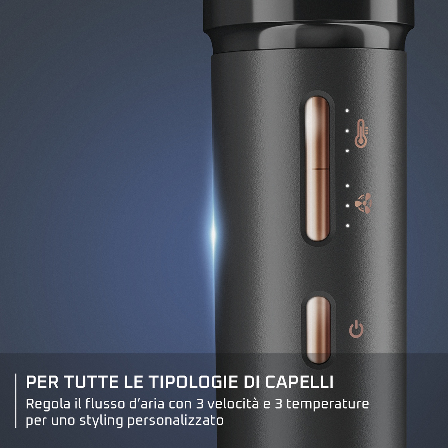 Primo piano di uno strumento per lo styling dei capelli nero con accenti color rame. Ha pulsanti di controllo e indicatori di temperatura/velocità. Testo: Styling dei capelli.