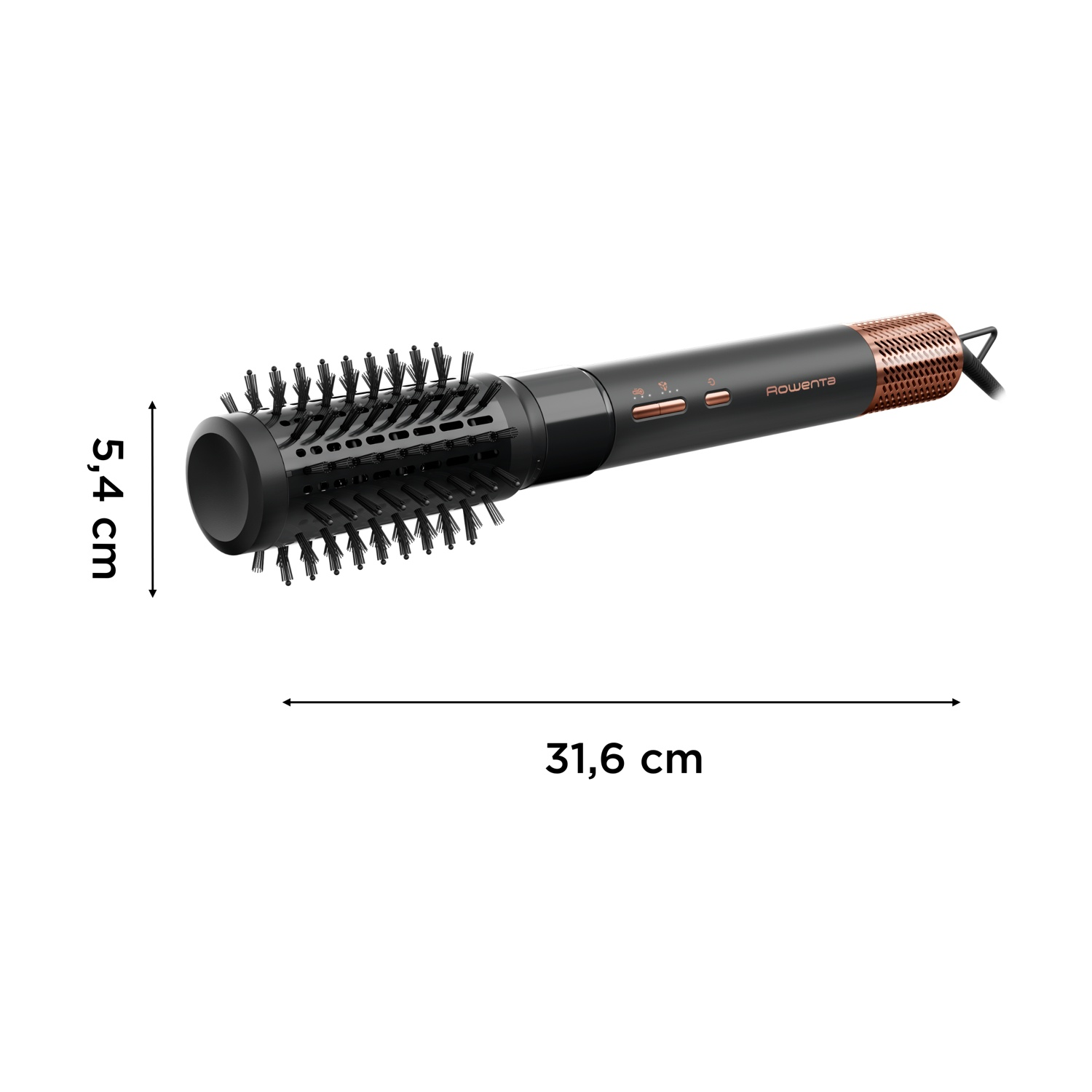 Una spazzola per capelli Rowenta nera e bronzo. Ha una testina e un manico con pulsanti. Dimensioni: 31,6 cm di lunghezza e 5,4 cm di larghezza.