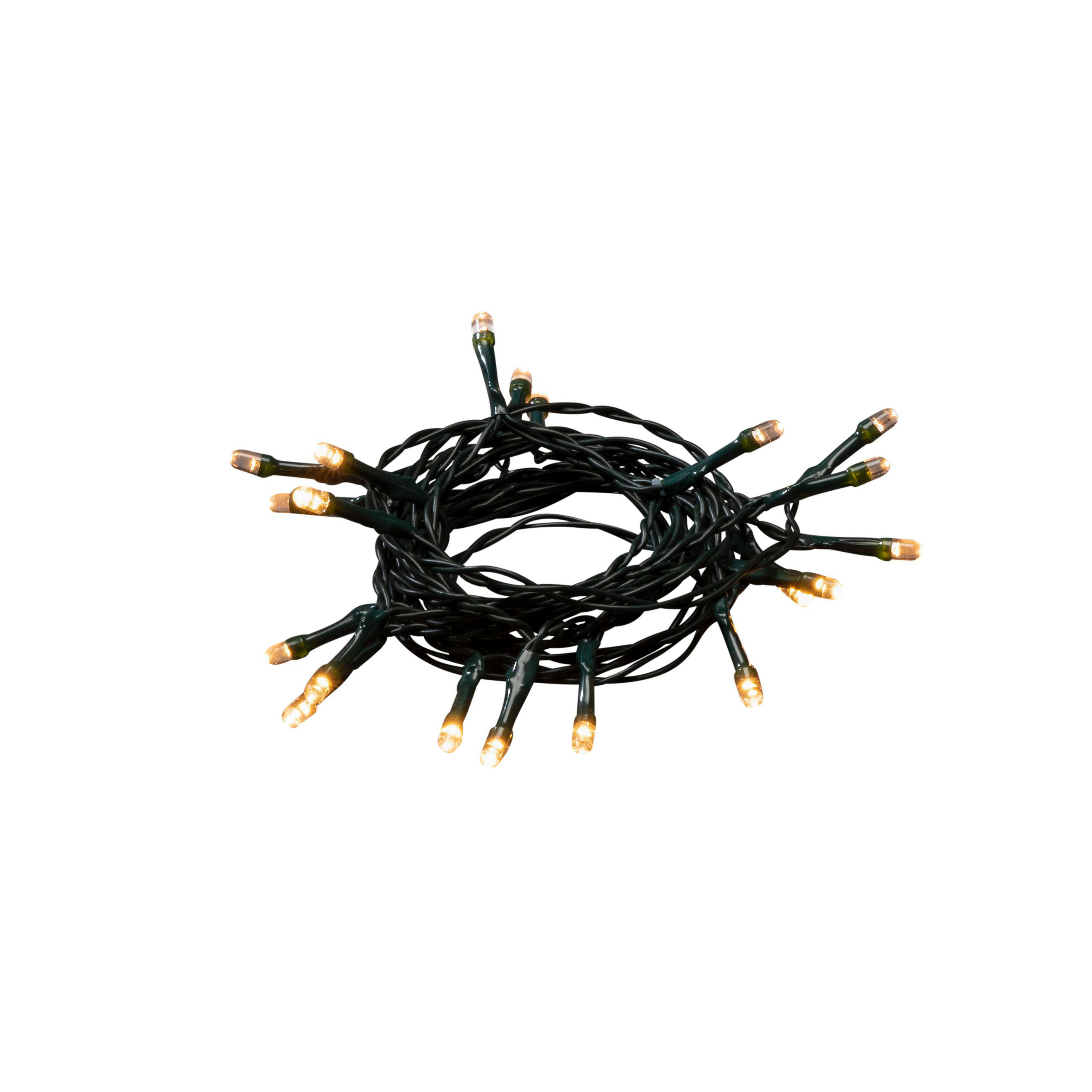 Eine Ansammlung von LED-Weihnachtslichtern mit schwarzem Draht. Die Lichter sind klein und gelb, auf weißem Hintergrund.
