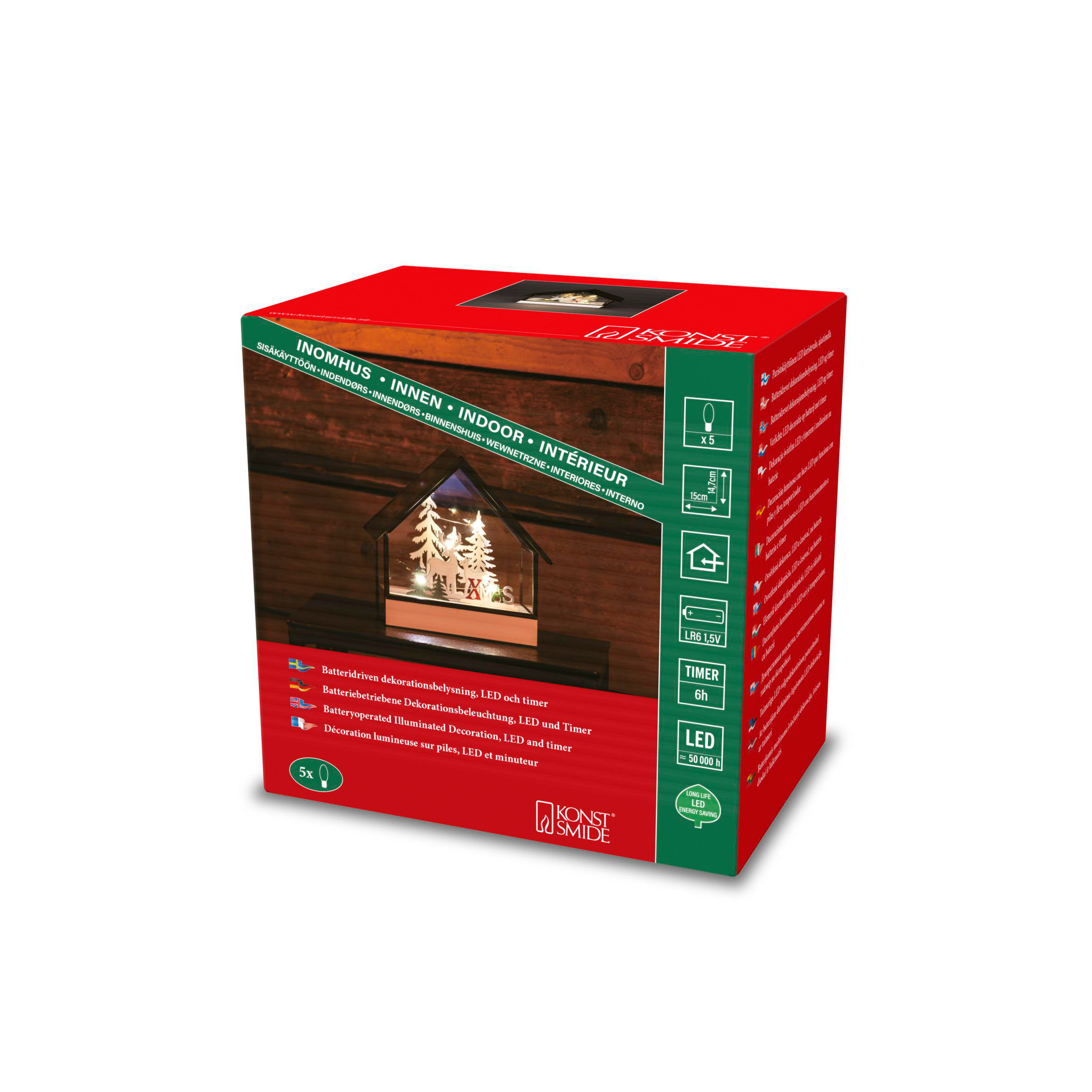 Rote Box mit Text. Beleuchtetes Holzhaus mit Xmas. Details zu LED-Leuchten.