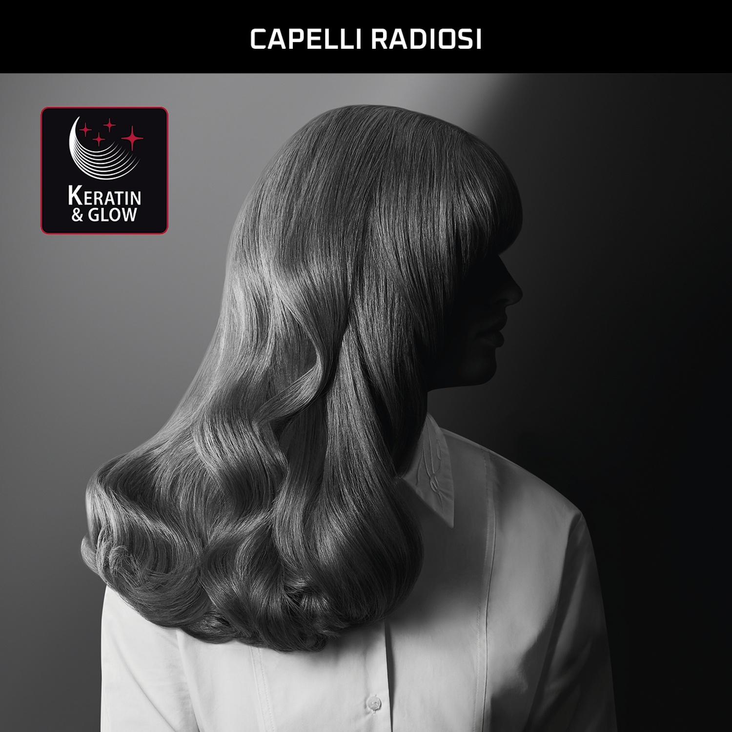 Donna con lunghi capelli mossi, camicia bianca. Logo Keratin & Glow a sinistra, testo "Capelli Radiosi" in alto.