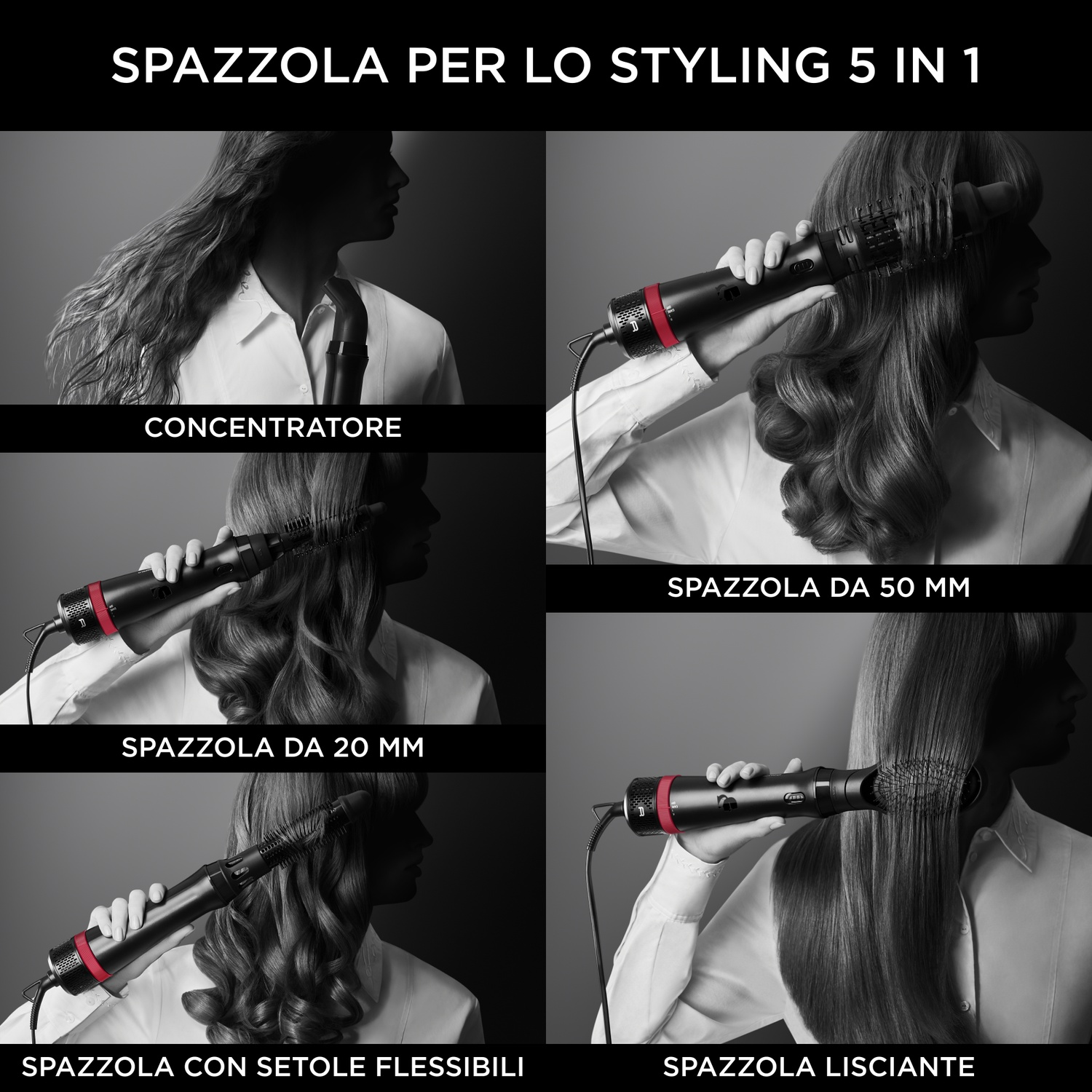 L'immagine mostra un set di spazzole per lo styling con 5 accessori. Ogni accessorio viene utilizzato sui capelli di una donna. Le etichette indicano ogni accessorio.