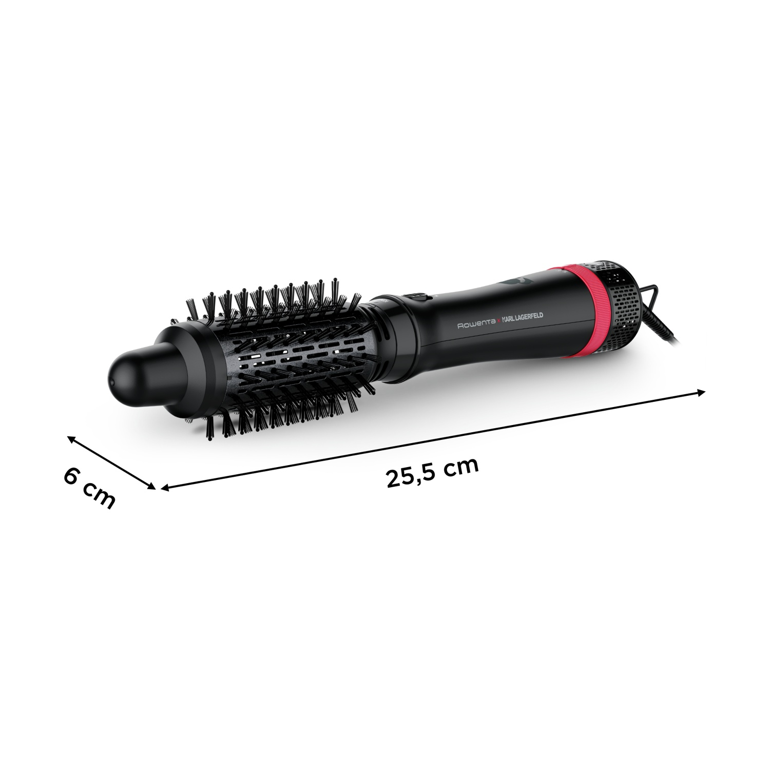 Styling per capelli Rowenta Karl Lagerfeld nero e rosso. È lungo 25,5 cm e largo 6 cm. Ha un'estremità a spazzola.