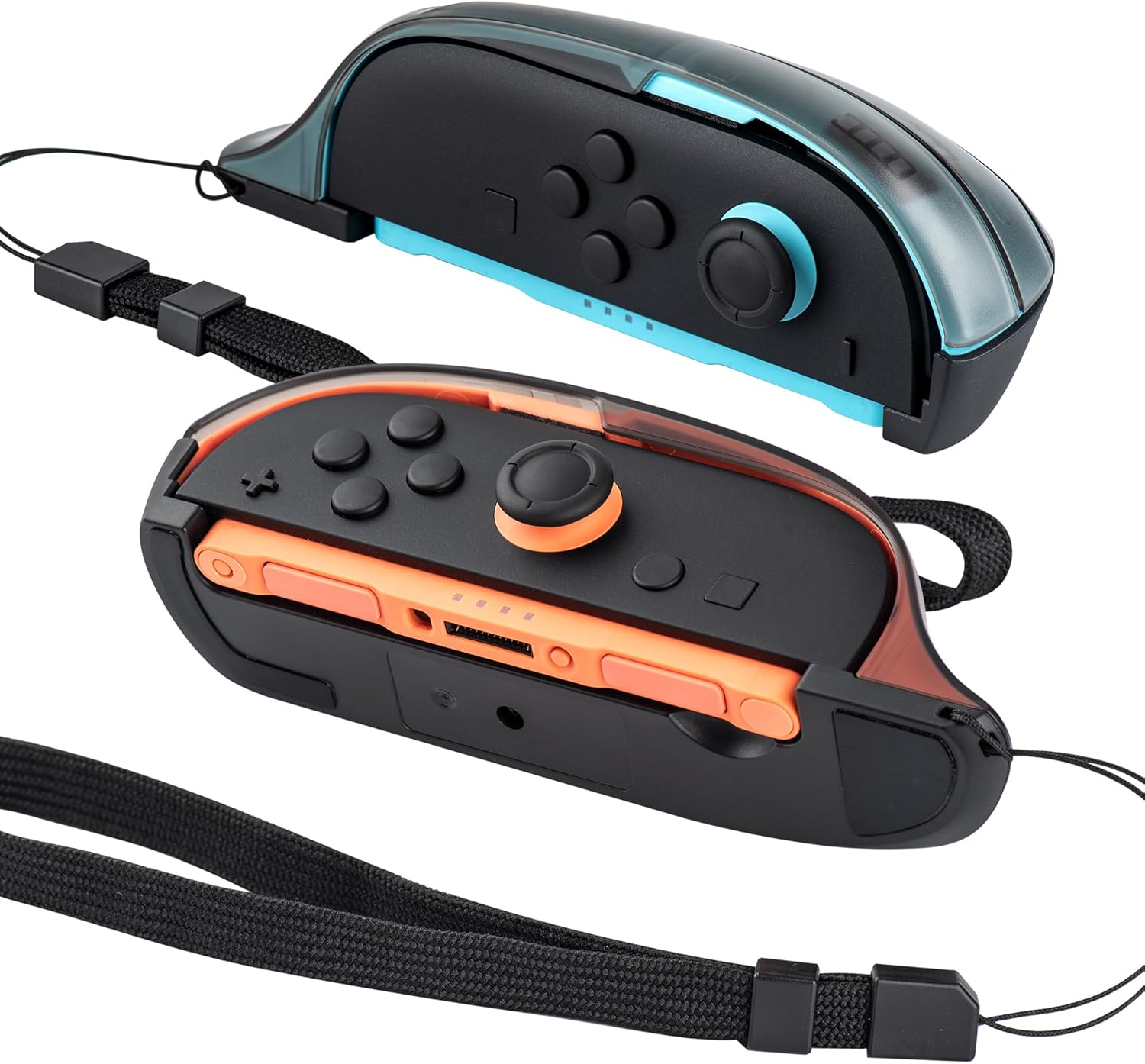 Dos empuñaduras de control Nintendo Switch. Una es azul y negro, la otra naranja y negro, ambas con correas.
