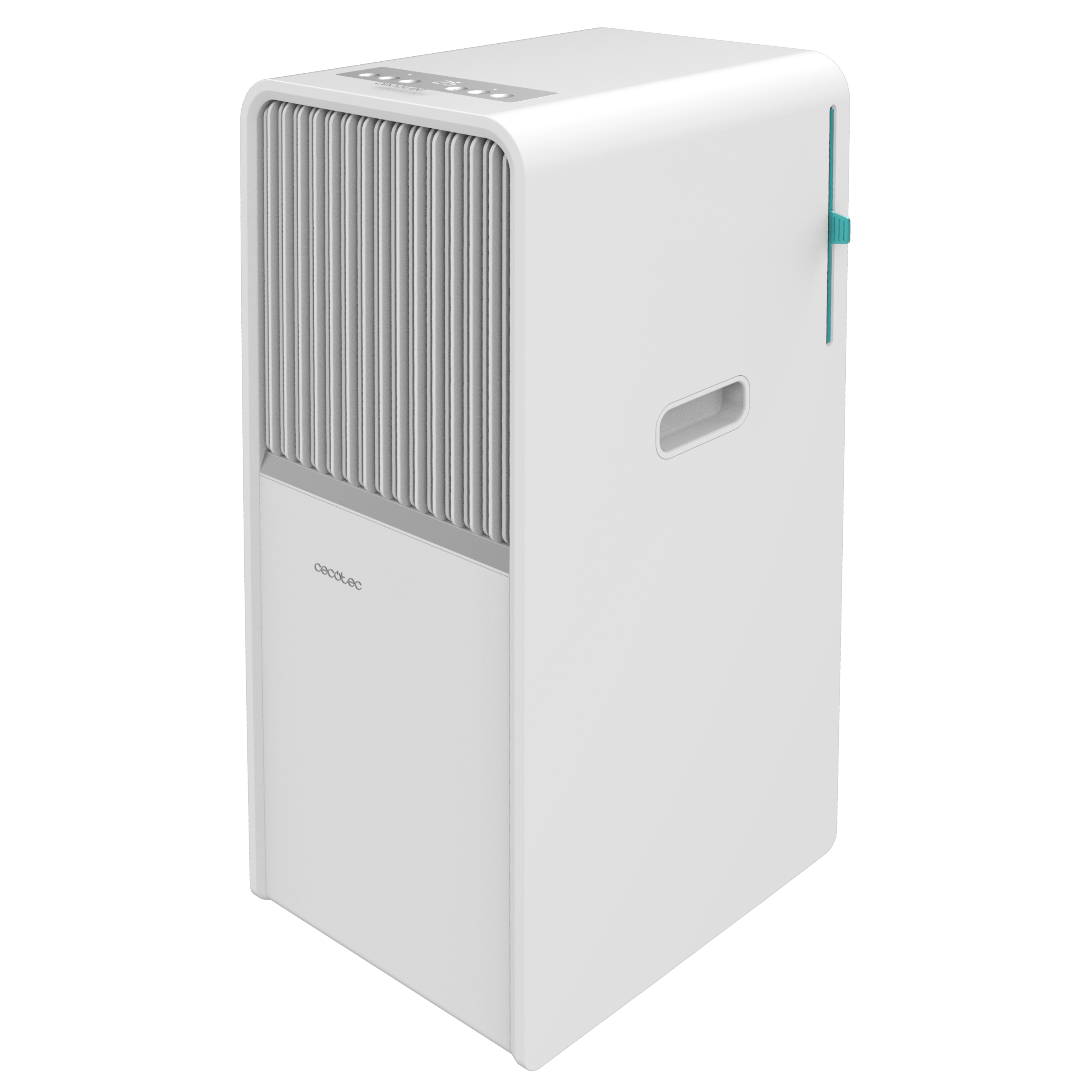 Purificador de aire blanco con lamas verticales, panel de control y asa. Acento verde lateral.