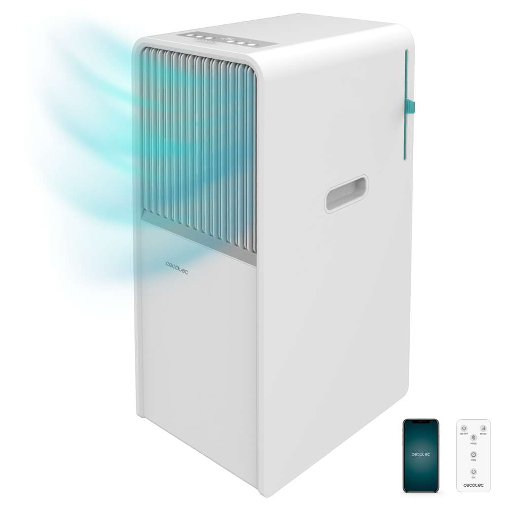Enfriador de aire blanco con flujo de aire azul. Incluye teléfono y control remoto. La marca es Cecotec.