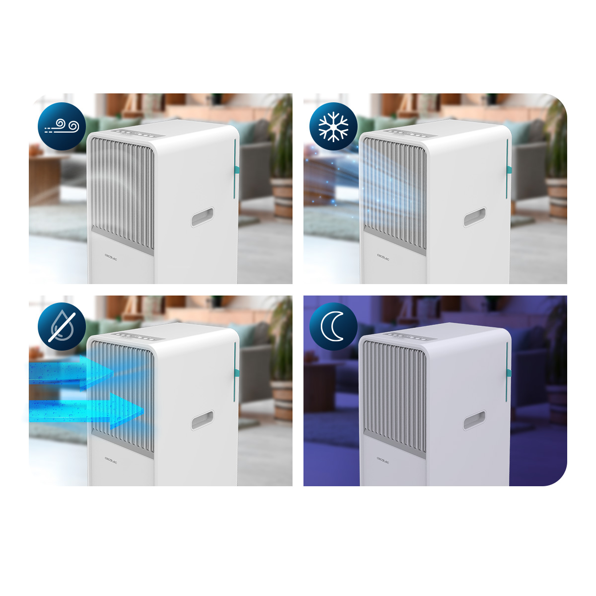Purificador de aire blanco con iconos de viento, frío, sin agua y modo nocturno. El fondo muestra una sala de estar borrosa.