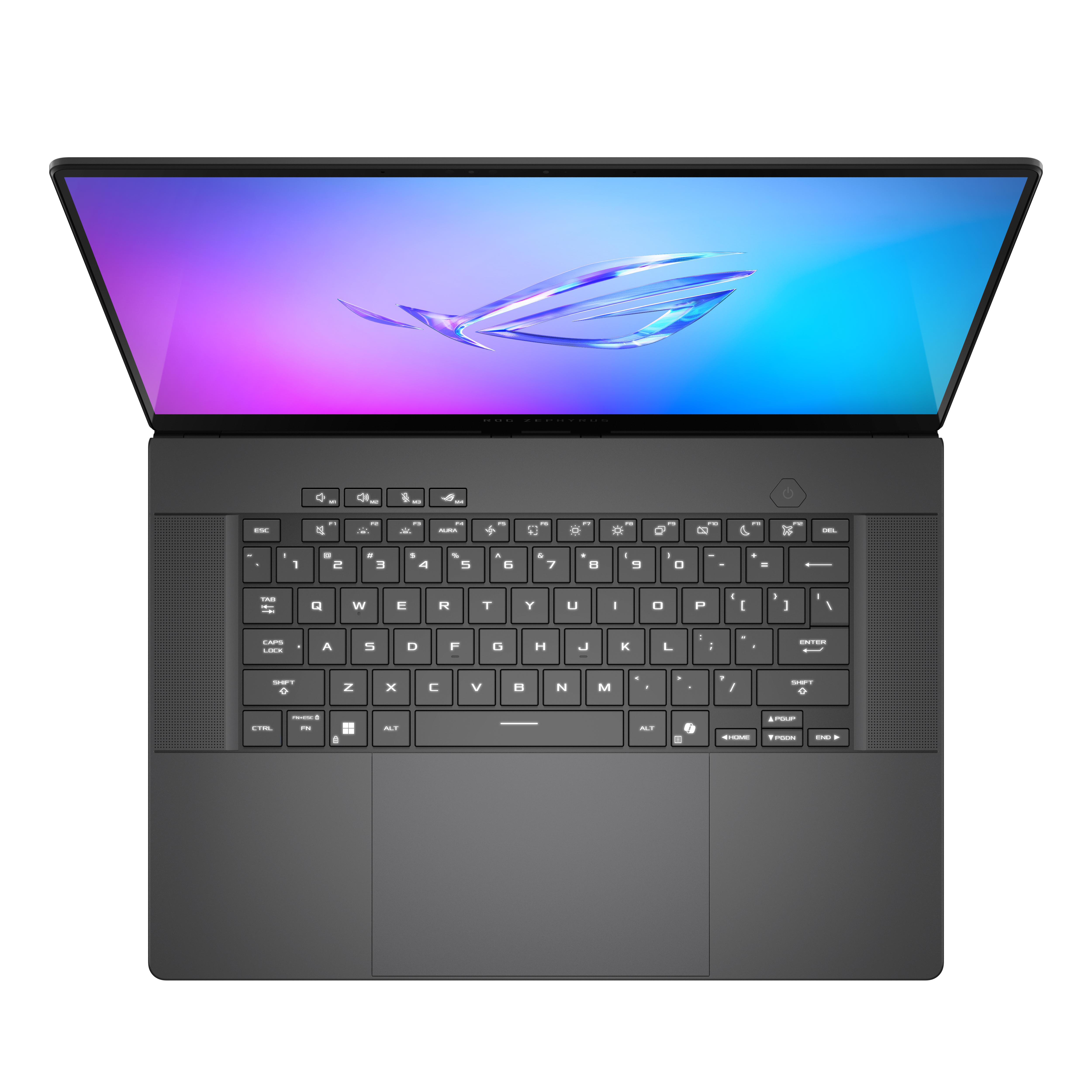 Draufsicht auf einen Laptop. Der Bildschirm zeigt einen Farbverlauf. Die Tastatur ist sichtbar. Der Laptop ist schwarz.