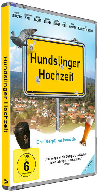 DVD-Cover eines deutschen Films. Ein Schild sagt Hundslinger Hochzeit. Eine Taube fliegt. Ein Dorf ist im Hintergrund.