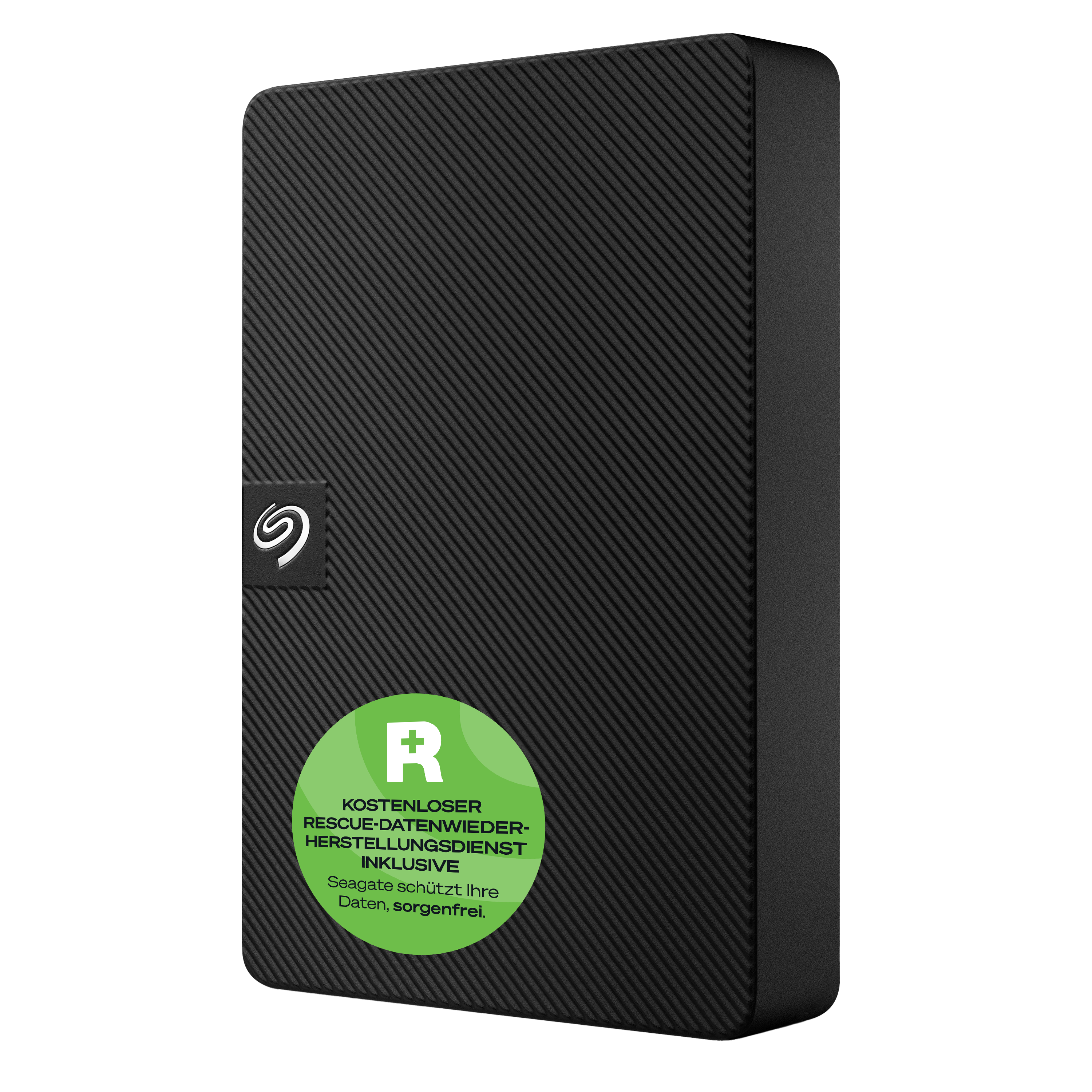 Eine schwarze externe Festplatte mit strukturierter Oberfläche und einem grünen Aufkleber mit Text.