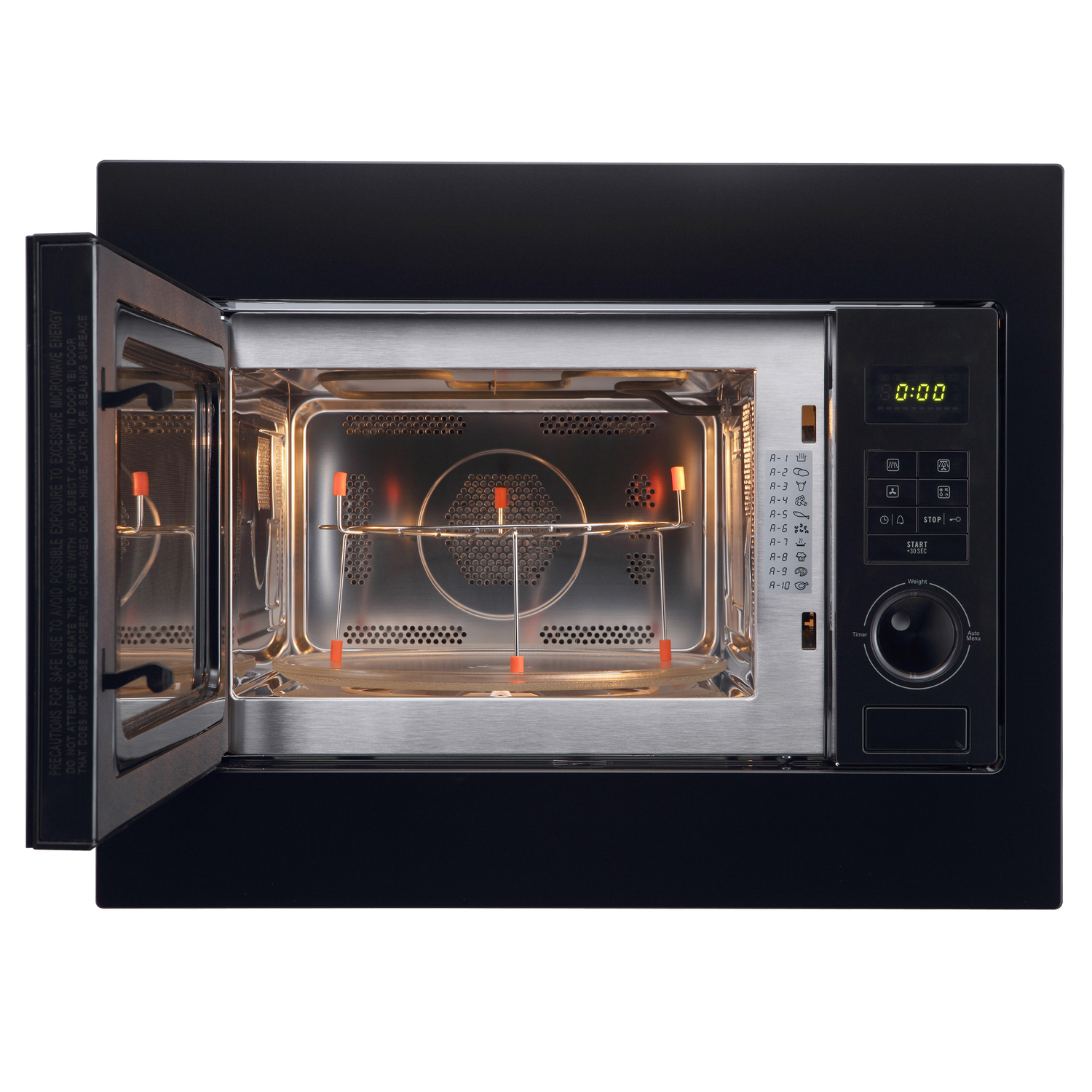 Een open magnetron. Het interieur is zichtbaar met een glazen plaat en een metalen rooster. Het bedieningspaneel toont 0:00.