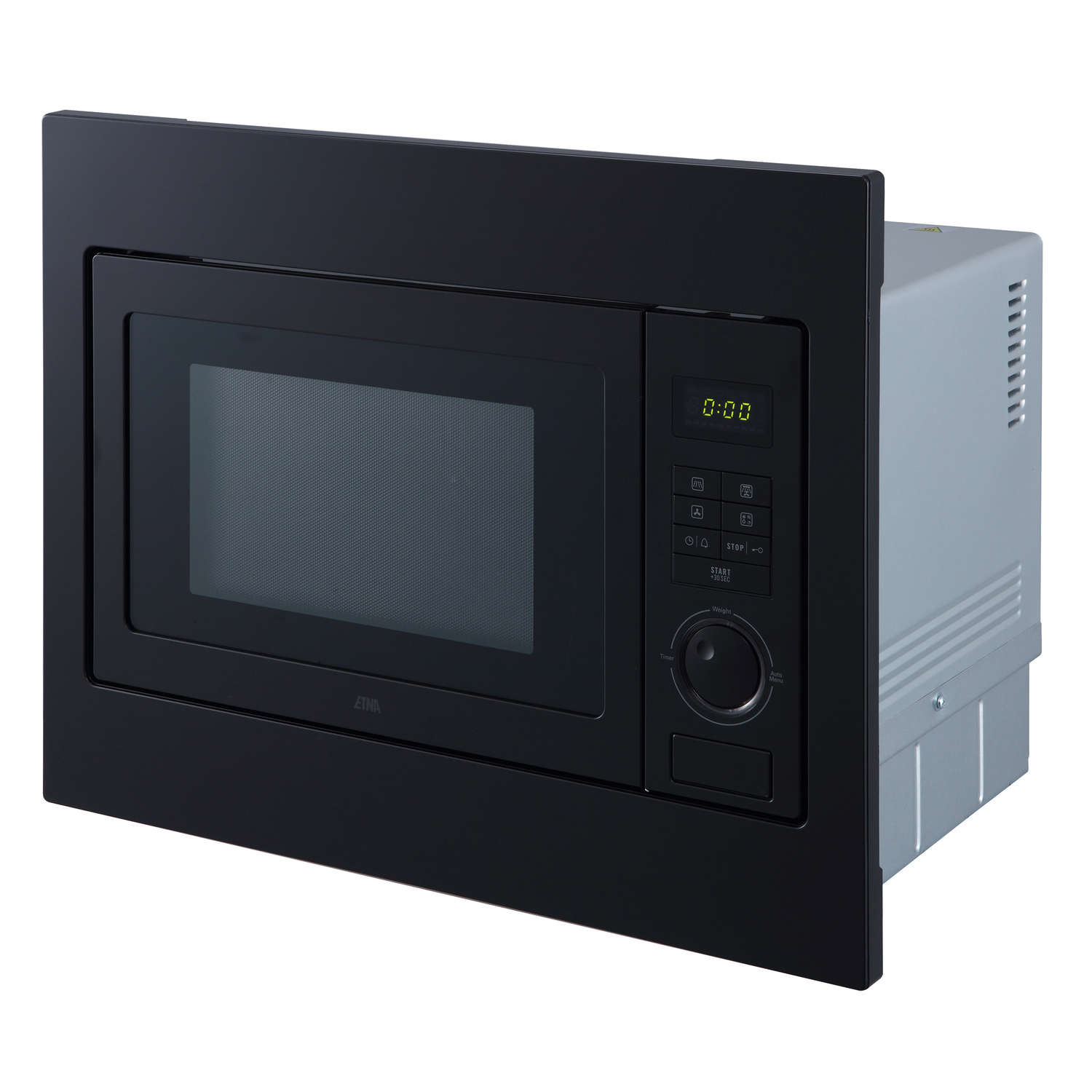 Een zwarte magnetron ingebouwd in een muur. Het heeft een digitale display met 0:00. De rechterkant is grijs en metaalachtig.