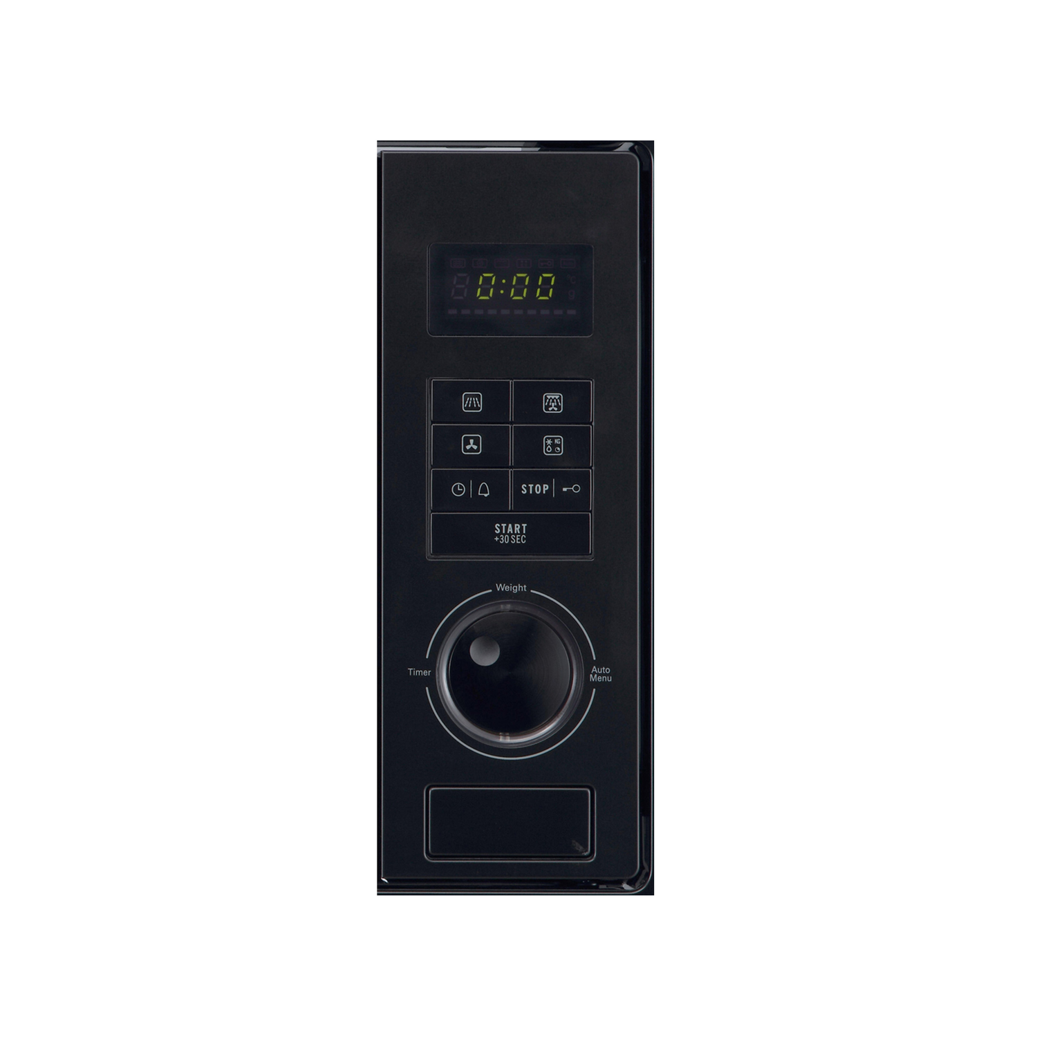 Een zwart bedieningspaneel van de magnetron. Het heeft een digitale display met 0:00, knoppen en een draaiknop voor gewicht en automatisch menu.