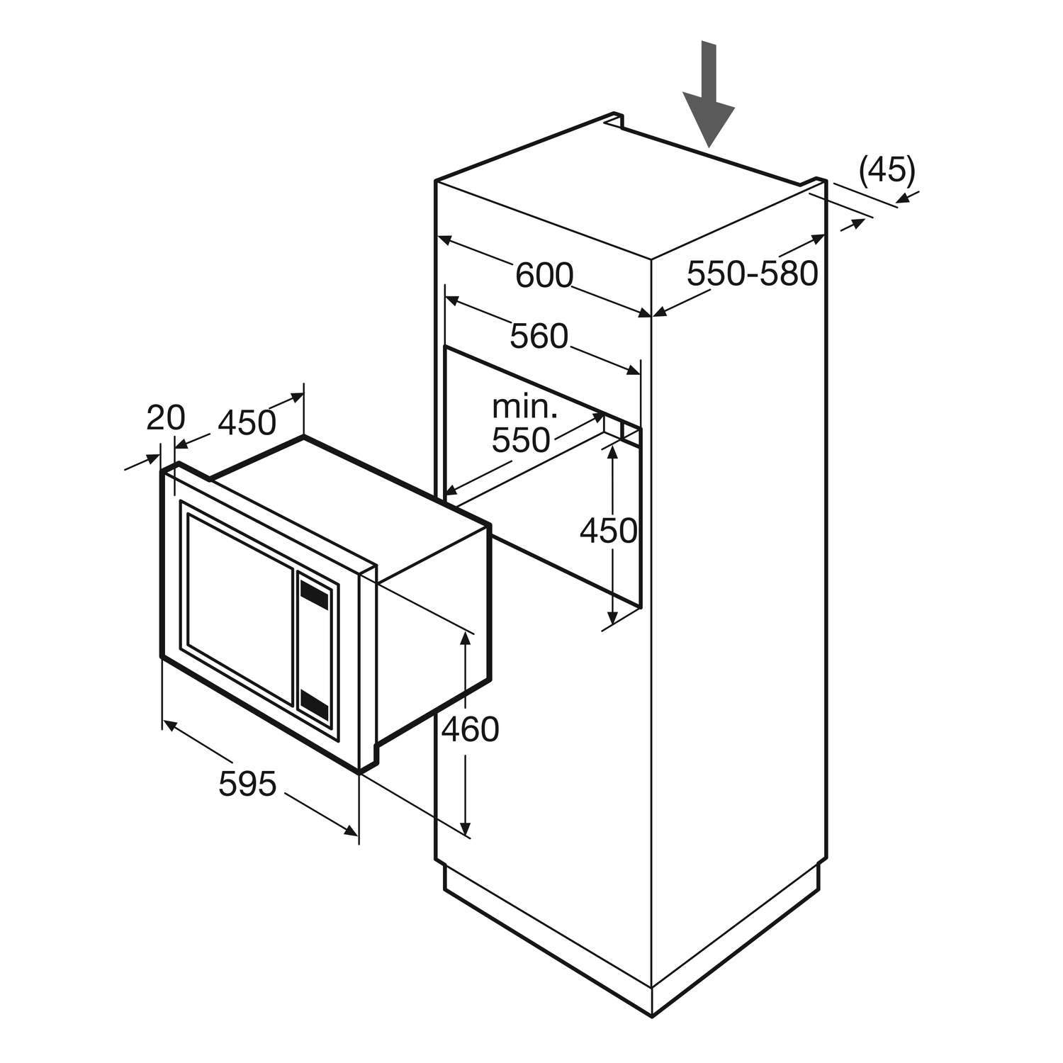 Diagram van inbouwmagnetron met afmetingen in mm. Inclusief oven, kast en installatiematen.