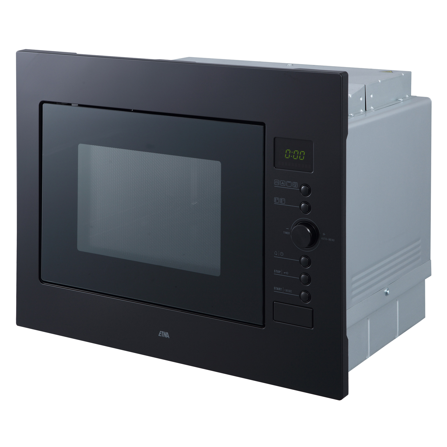 Een zwarte inbouwoven met een digitale display die 0:00 weergeeft. Het heeft knoppen voor diverse functies en het merk 'ETNA'.