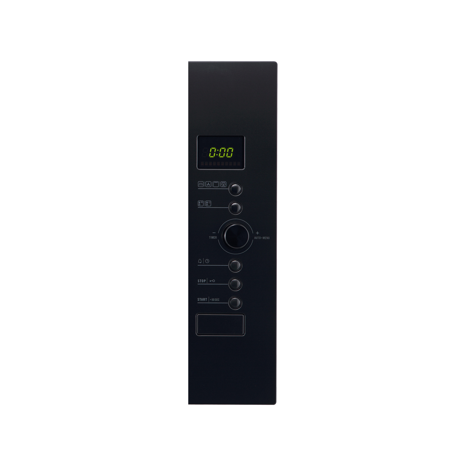 Zwart bedieningspaneel van de magnetron met digitale display 0:00. Voorzien van knoppen voor timer, stop, start en automatisch menu.