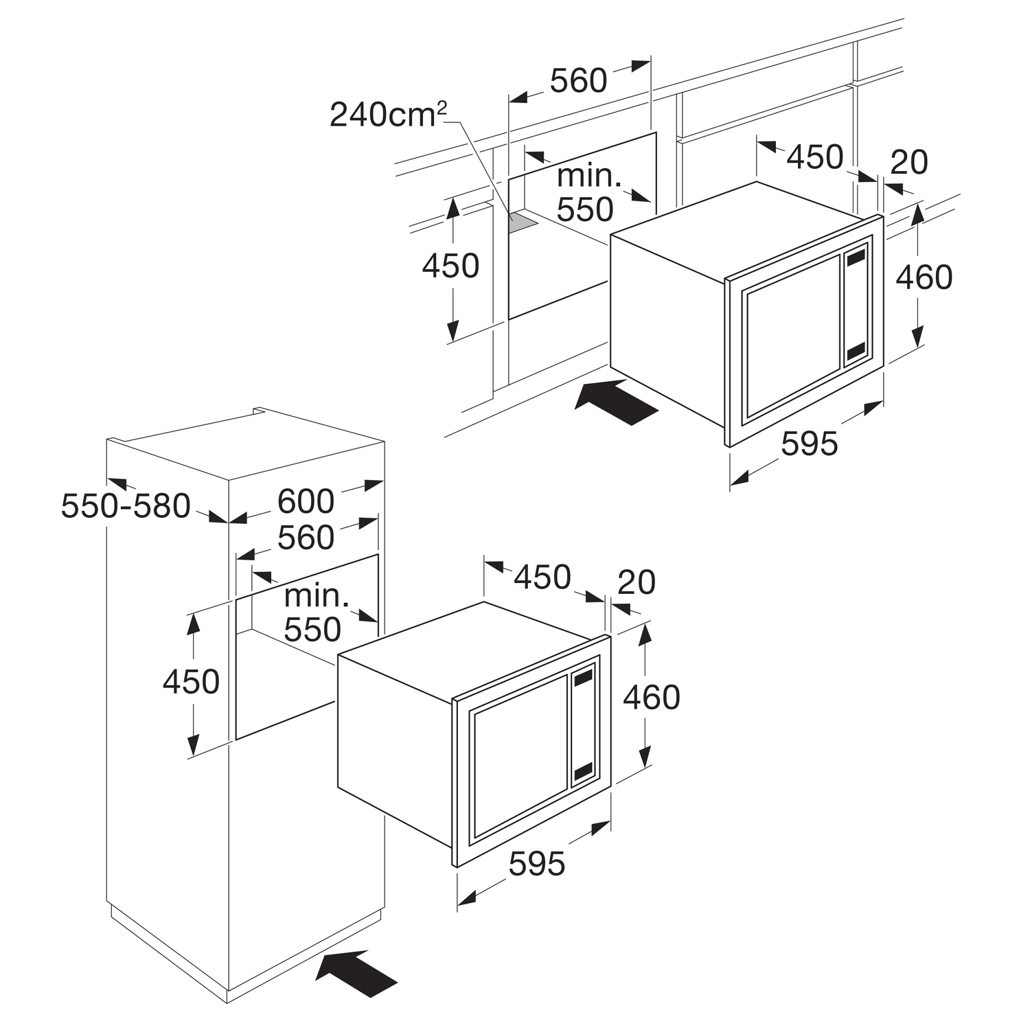 Diagram van een magnetron met afmetingen. Bevat afmetingen in millimeters voor installatie en grootte.