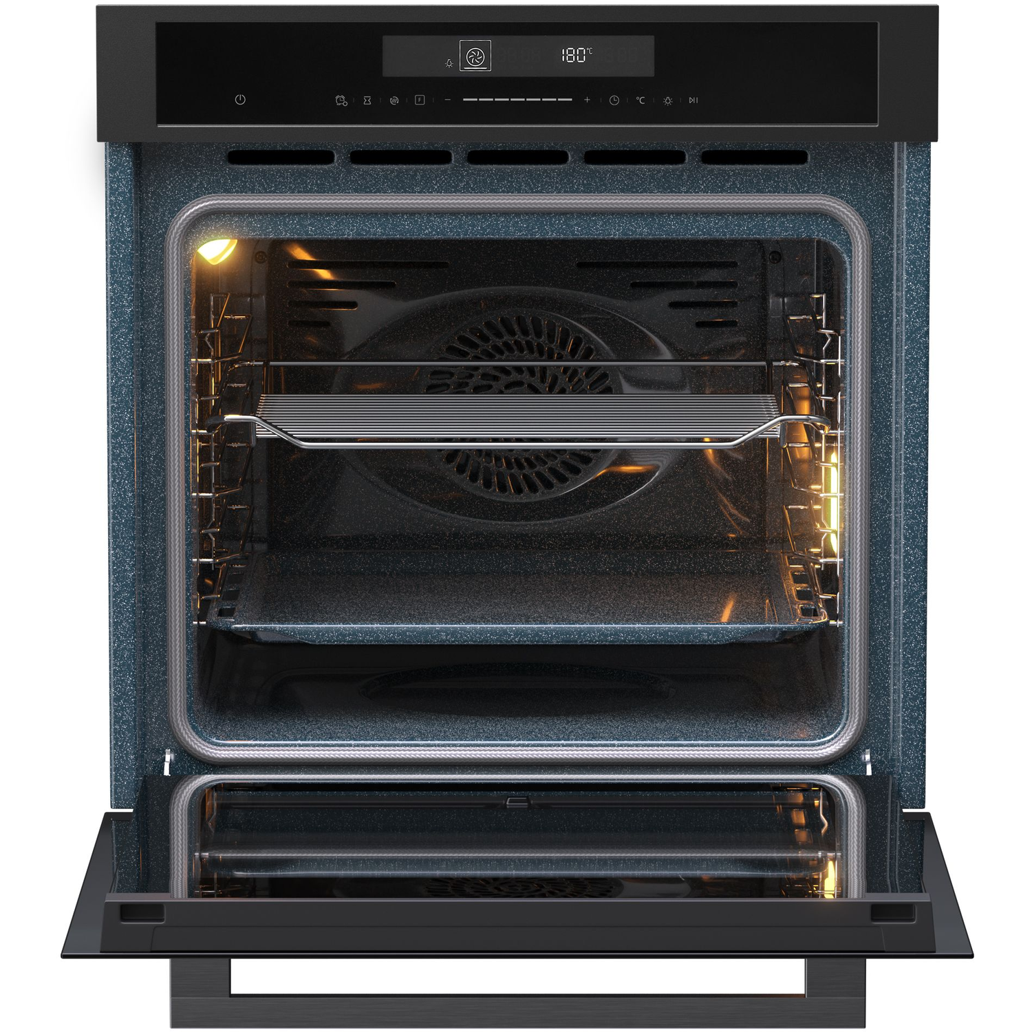 An open oven, interior visible. Features a rack, fan, and digital display. The oven door is down, showing the inside.