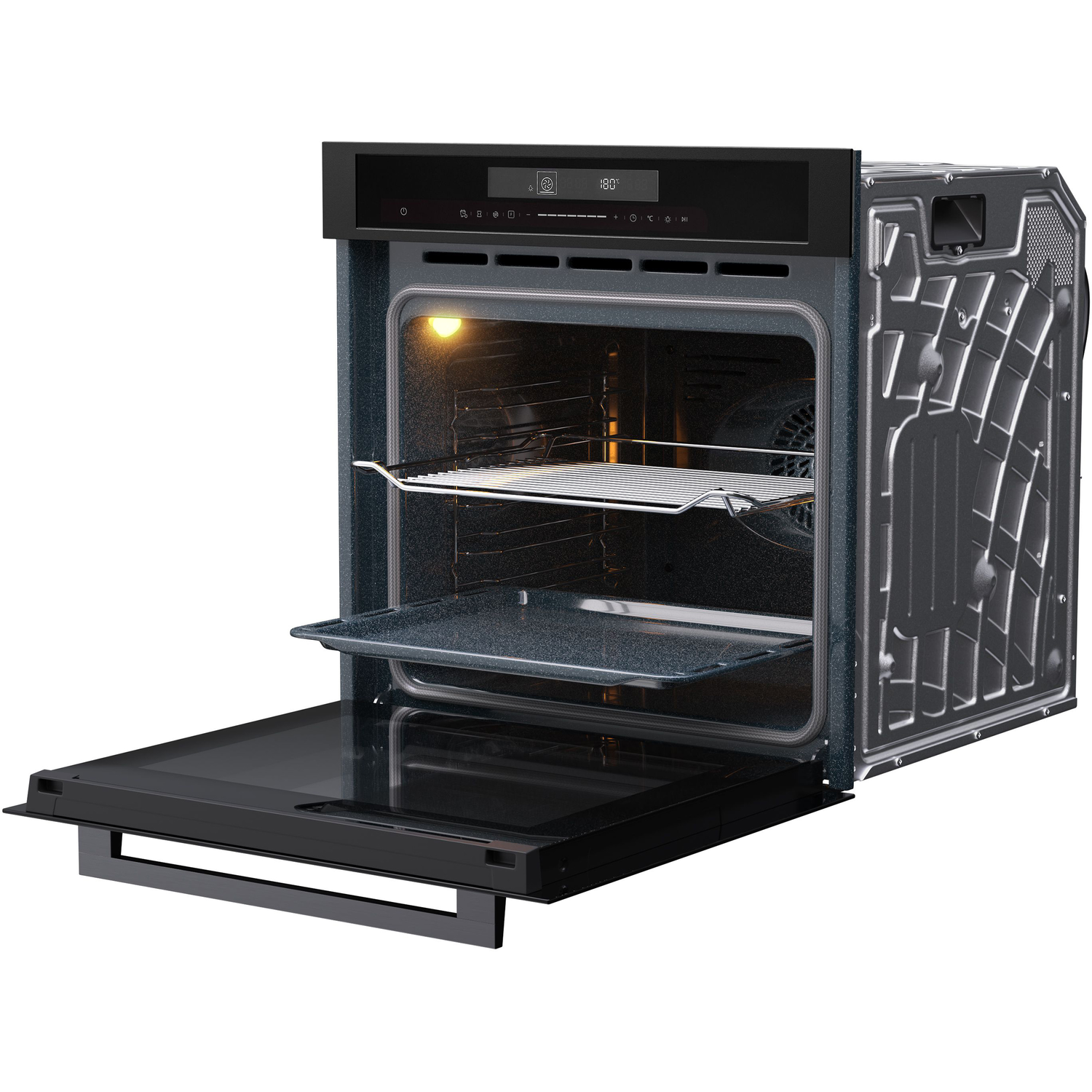 Black built-in oven, door open. Interior with rack and tray. Display shows 180°. Bright light inside.