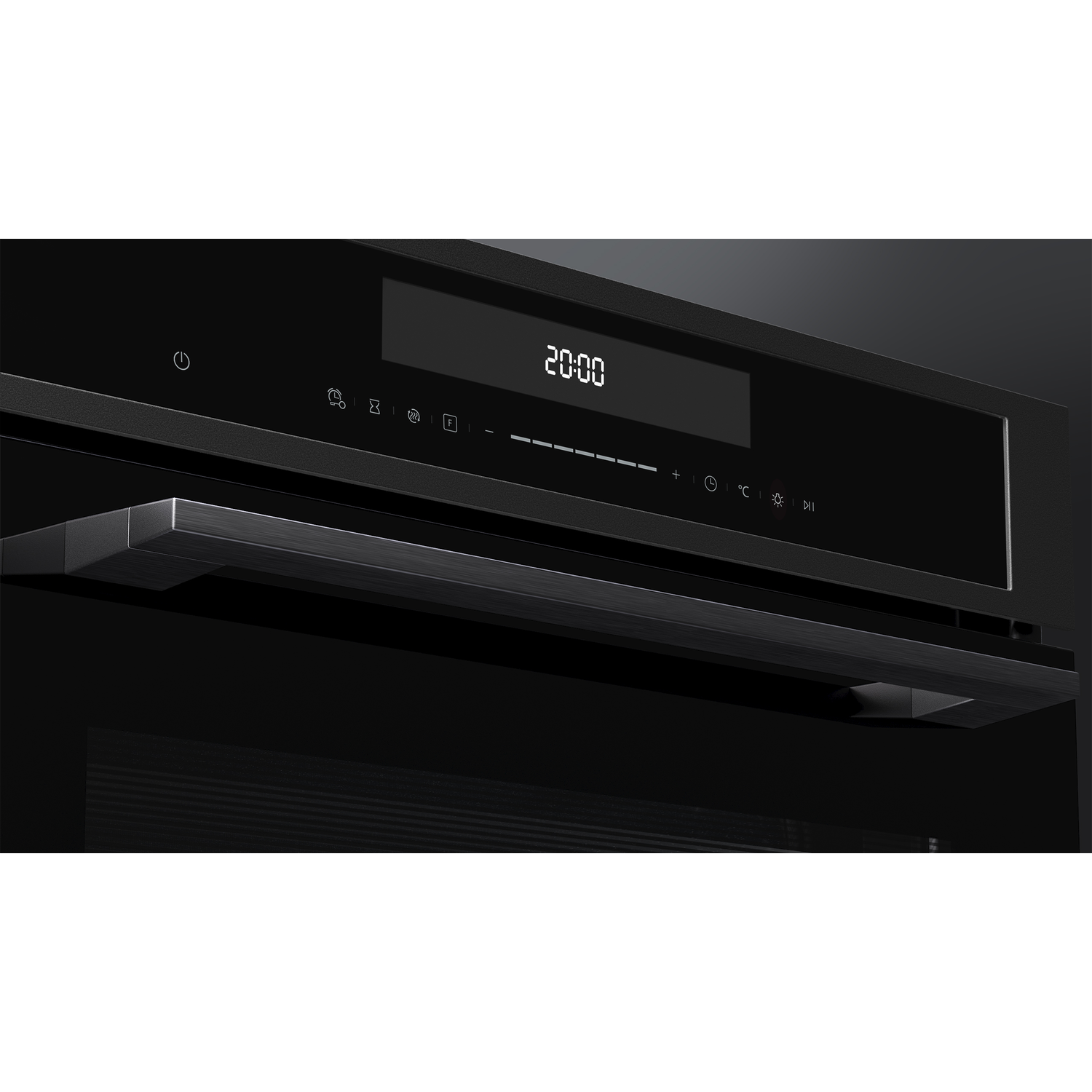 Black oven control panel displaying 20:00. Features include power, timer, temperature, and other function icons. A handle is below.