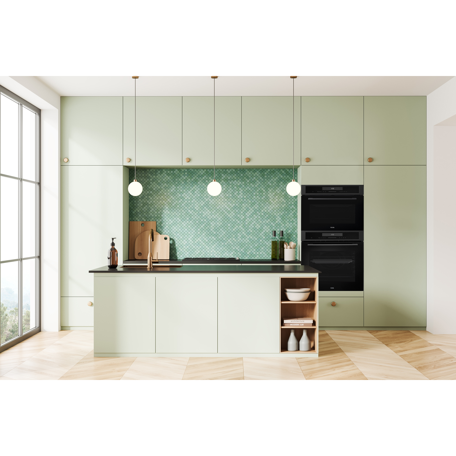 Modern kitchen with light green cabinets, island, and a backsplash. Includes appliances, wooden floors, and hanging lights.