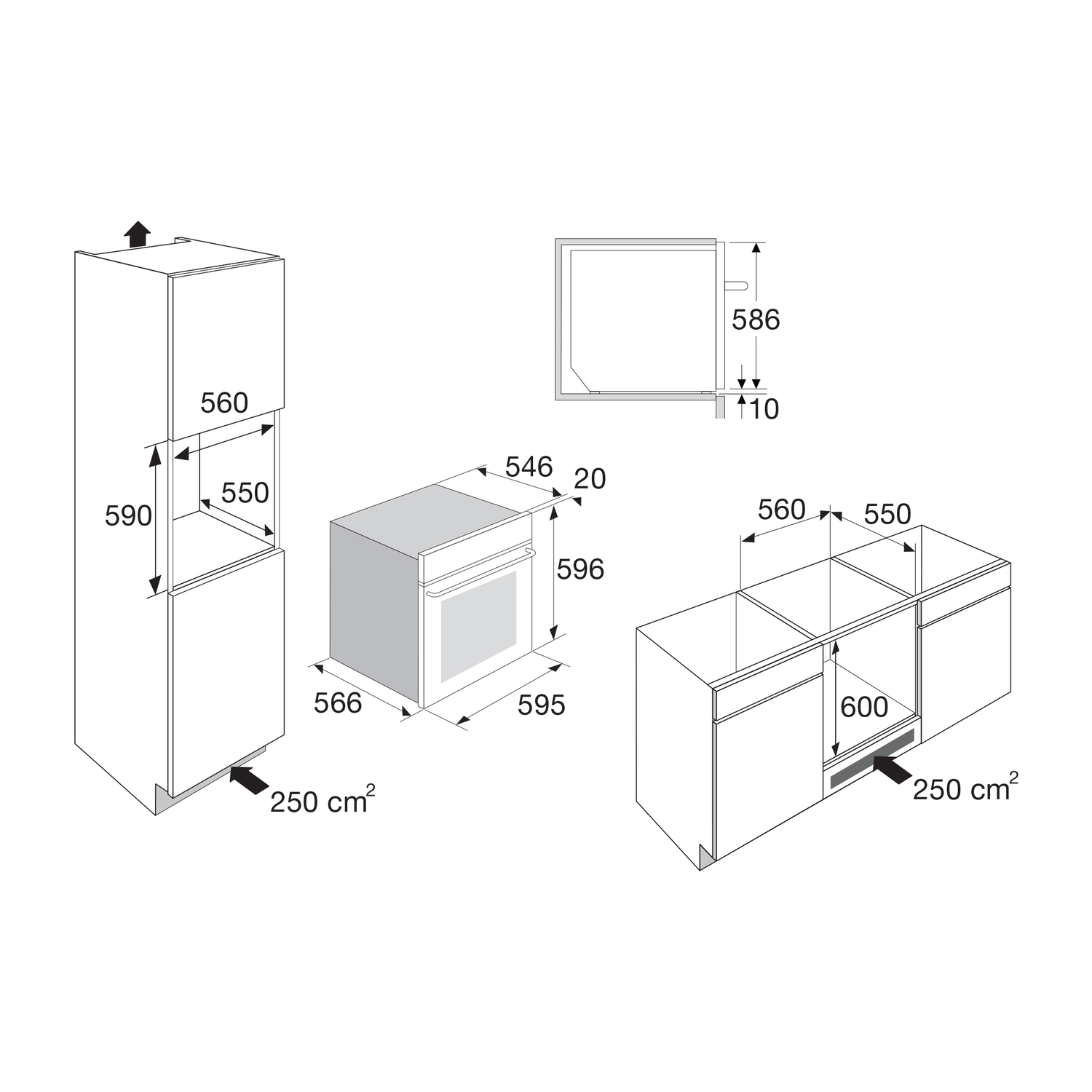 Diagram of kitchen appliances with dimensions. Includes oven, cabinet, and other units. Numbers and arrows indicate sizes.