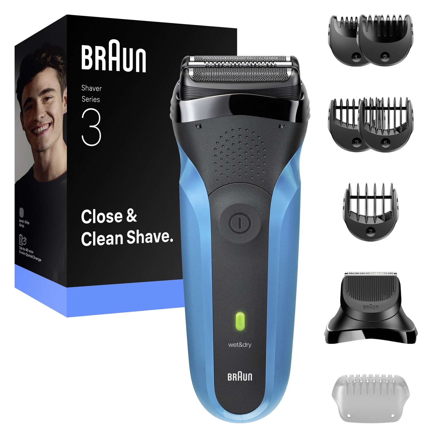 Rasoio Braun Series 3 con accessori, blu e nero, scatola con immagine di uomo. Testo: Close & Clean Shave.