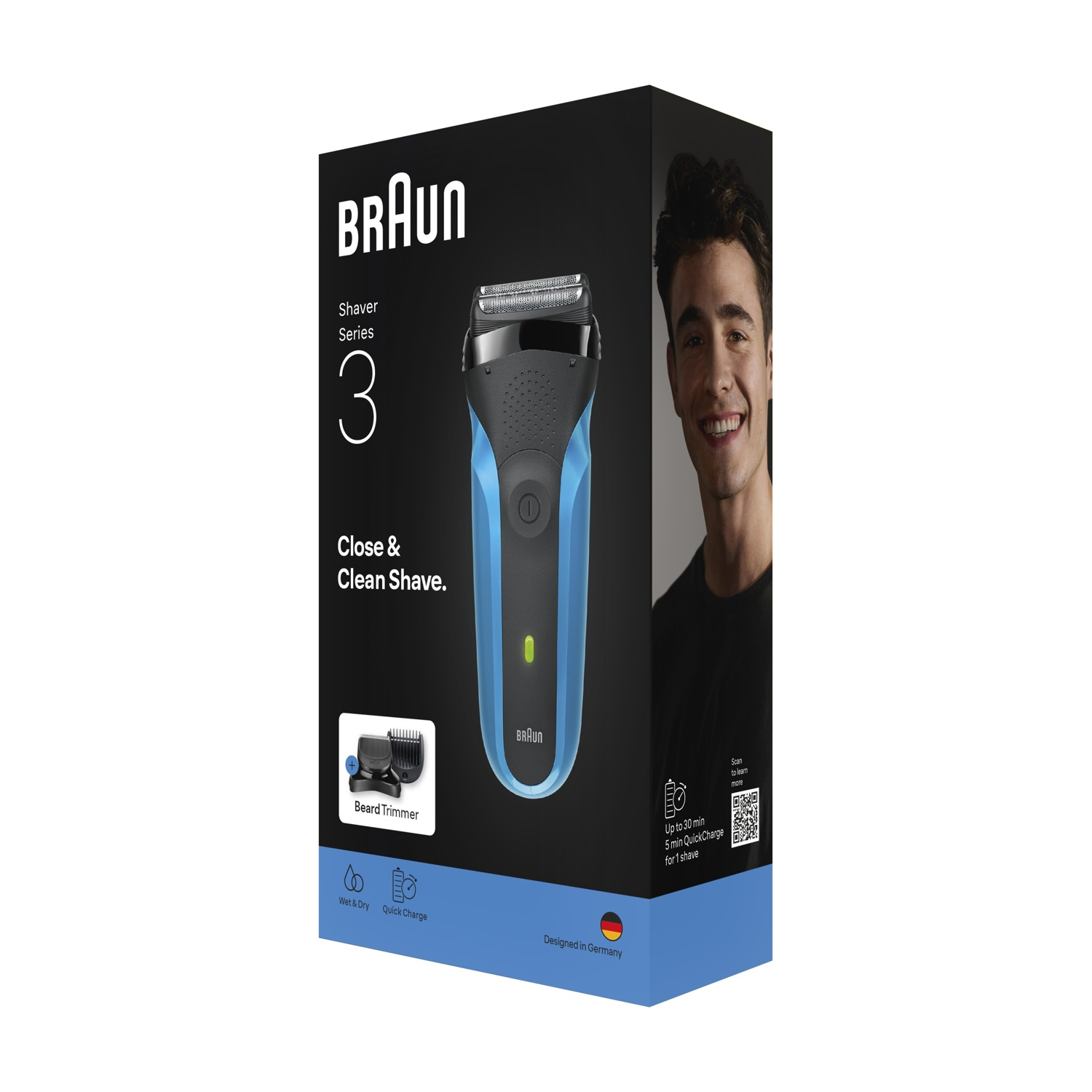 Una scatola del rasoio Braun. Mostra il rasoio, il volto di un uomo e funzioni come 'Close & Clean Shave', 'Wet & Dry' e 'Quick Charge'.