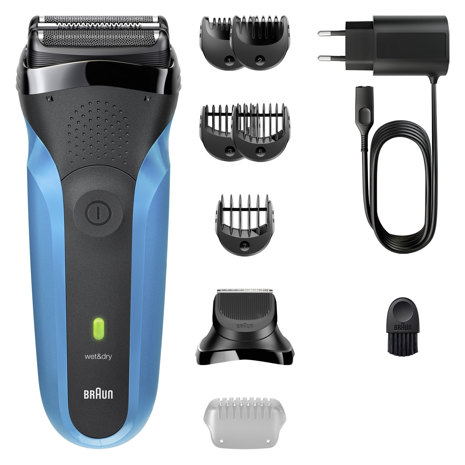 Un rasoio elettrico Braun blu e nero con accessori, tra cui accessori per trimmer, caricabatterie e spazzola per la pulizia, su sfondo bianco.