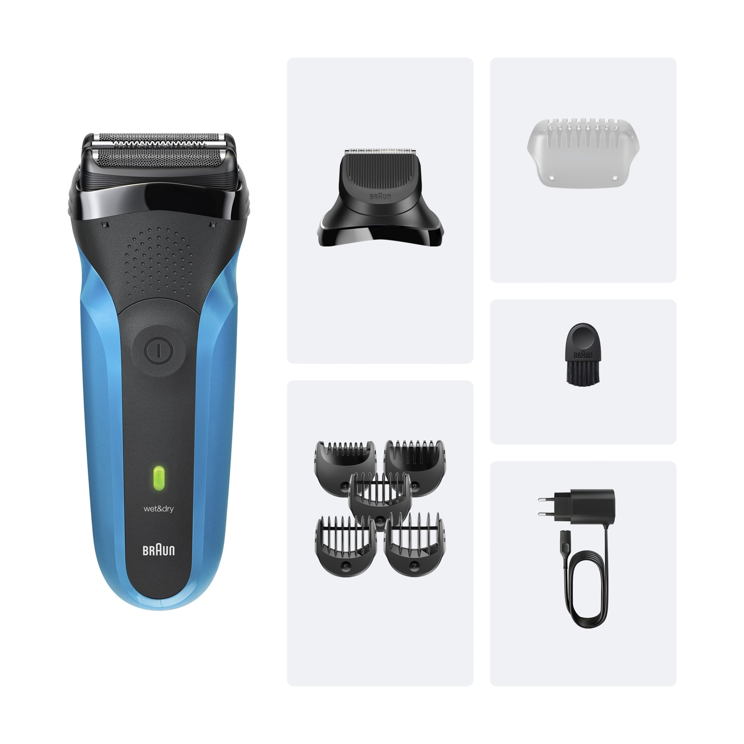 Un rasoio elettrico con corpo blu e nero, insieme a diversi accessori, tra cui una testina, protezioni e un caricatore.