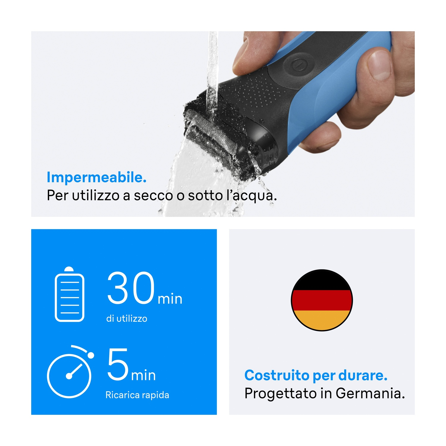 Un rasoio elettrico blu e nero risciacquato con acqua. Il testo indica impermeabilità, 30 min di utilizzo e 5 min di ricarica rapida.