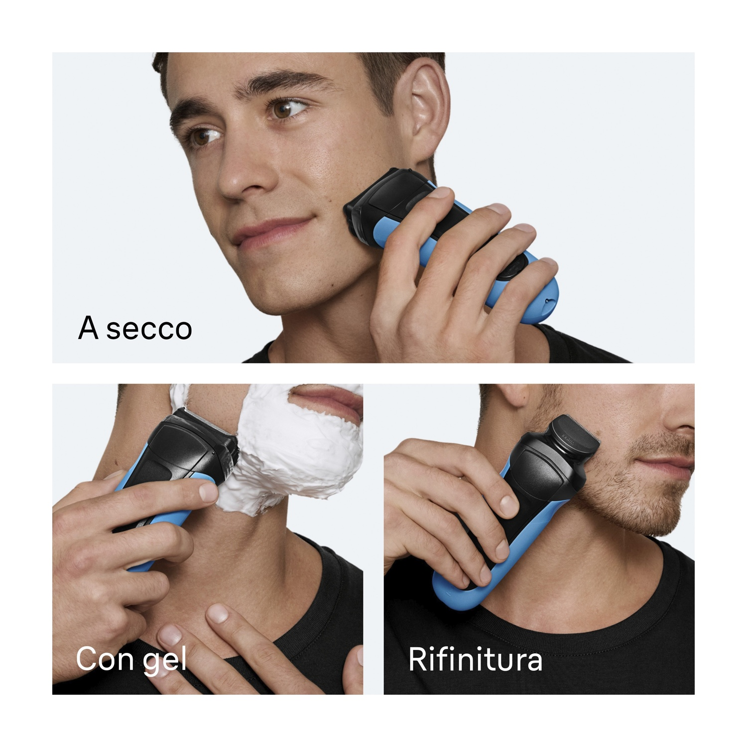 Un uomo si rade il viso con un rasoio elettrico. L'immagine mostra tre diversi metodi di rasatura: a secco, con gel e per rifinire.