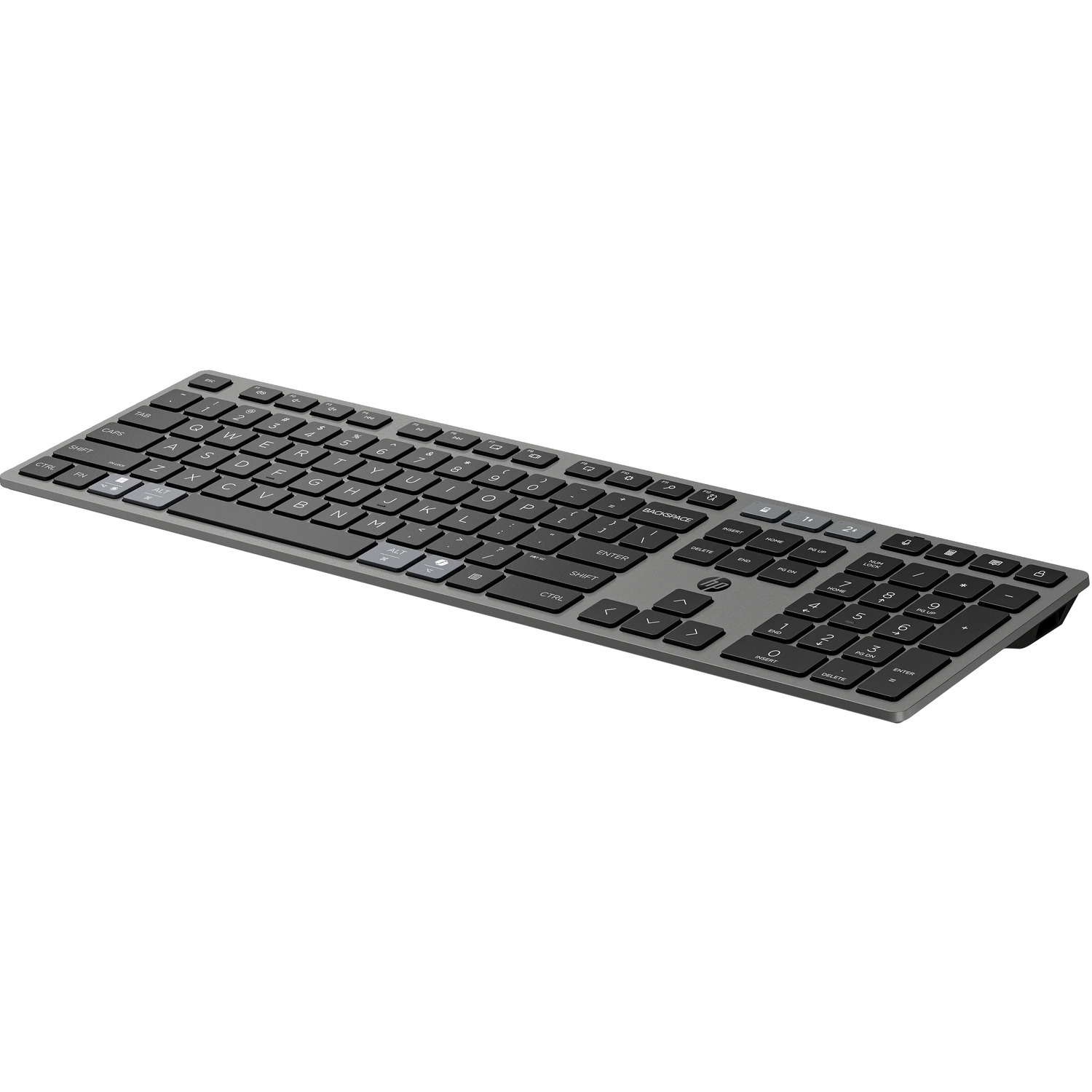 A gray computer keyboard is positioned diagonally, keys are black with white letters and numbers. The background is white.