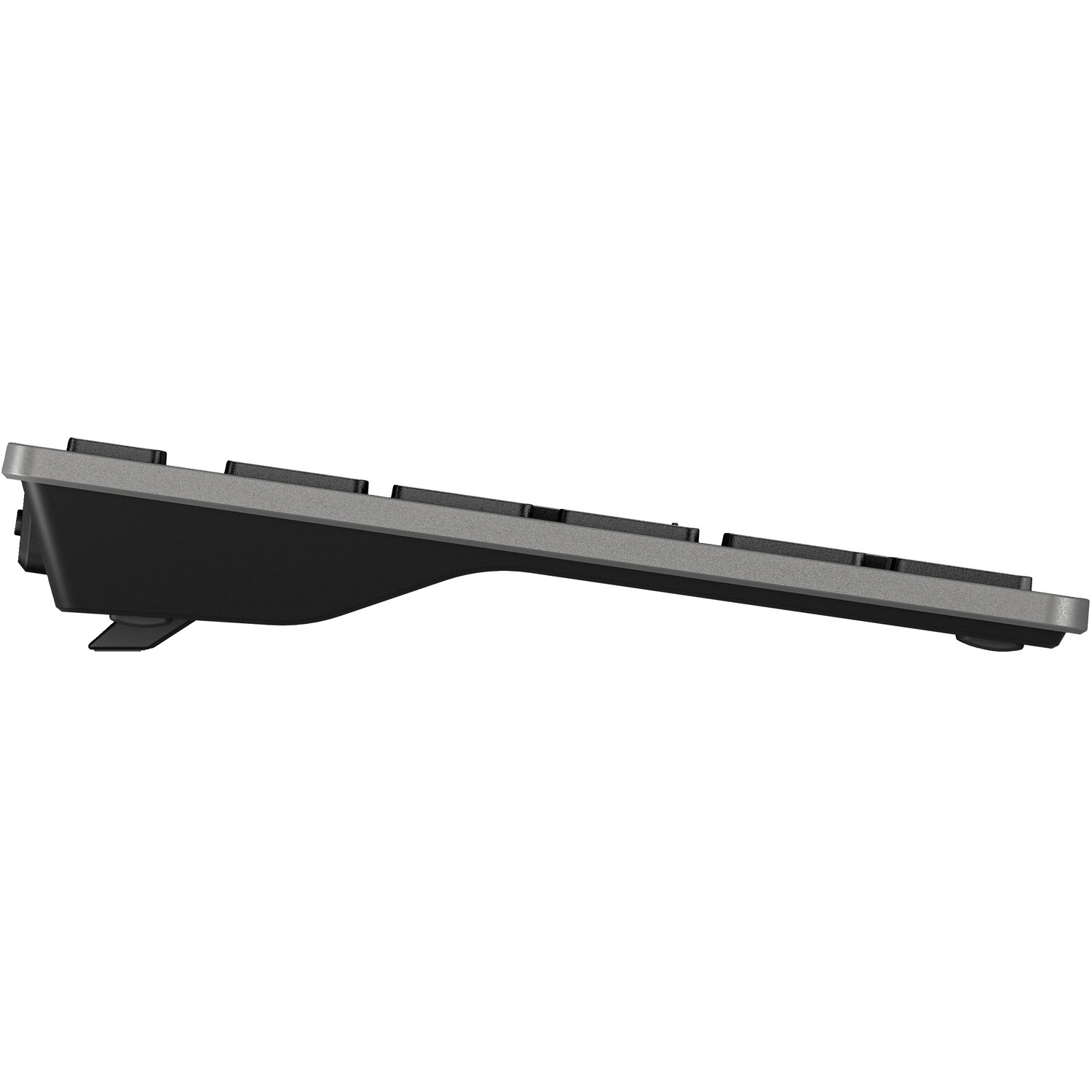 Side view of a keyboard. It has black keys and a gray frame. The bottom is black with a small foot.