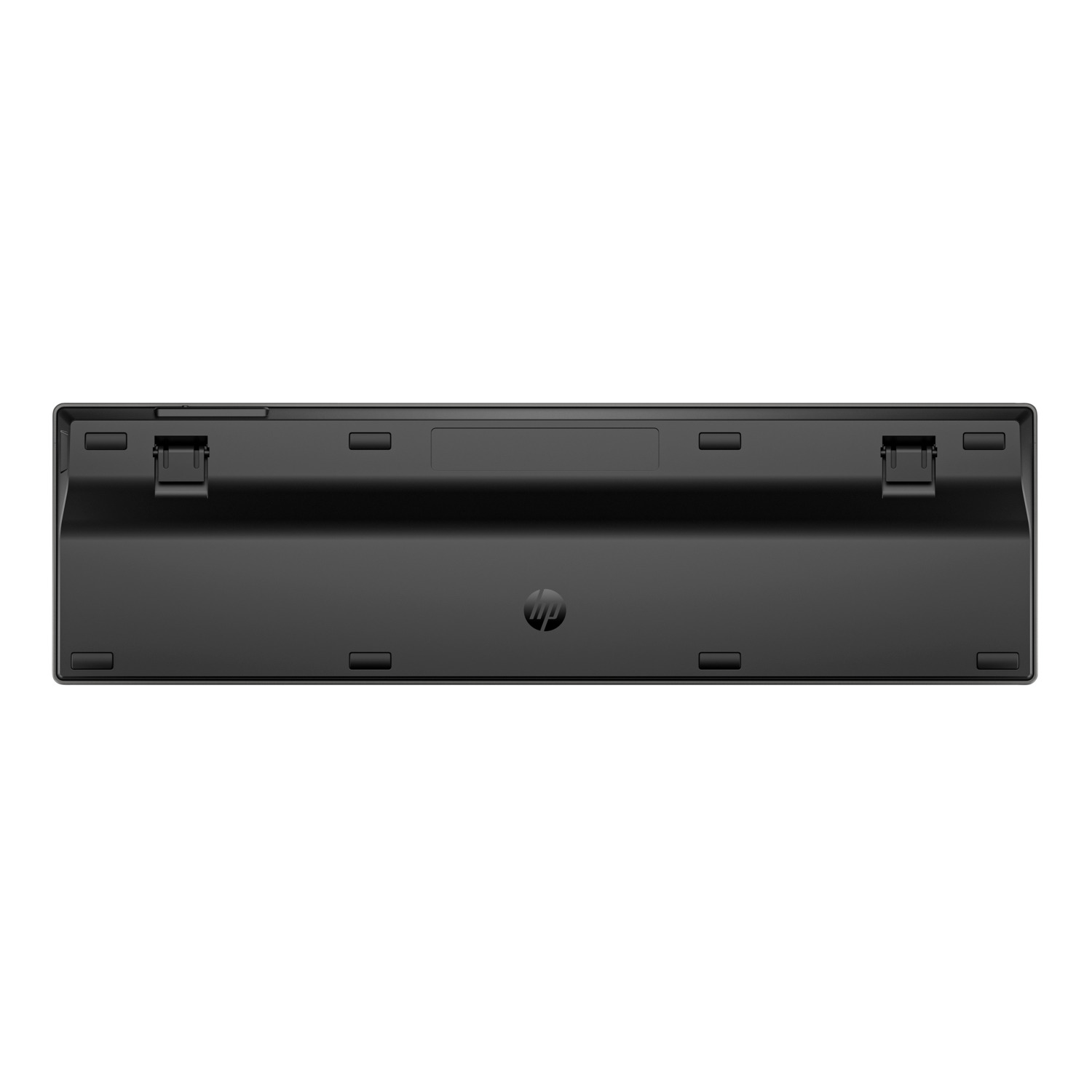 Black HP keyboard bottom view. Rectangular shape with several small, rectangular openings and the HP logo in the center.