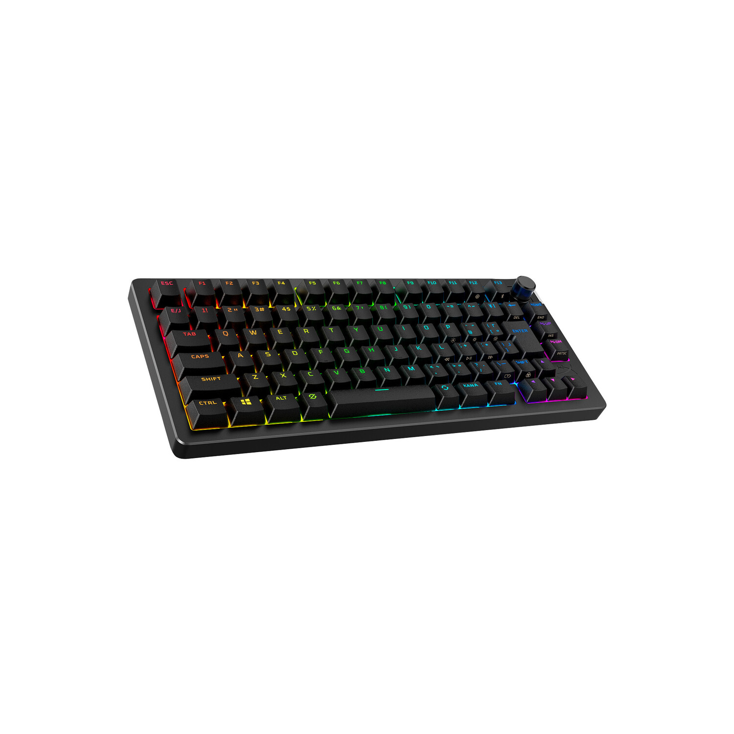 Un clavier noir avec des touches éclairées est affiché sur un fond blanc. Les touches ont un éclairage multicolore.