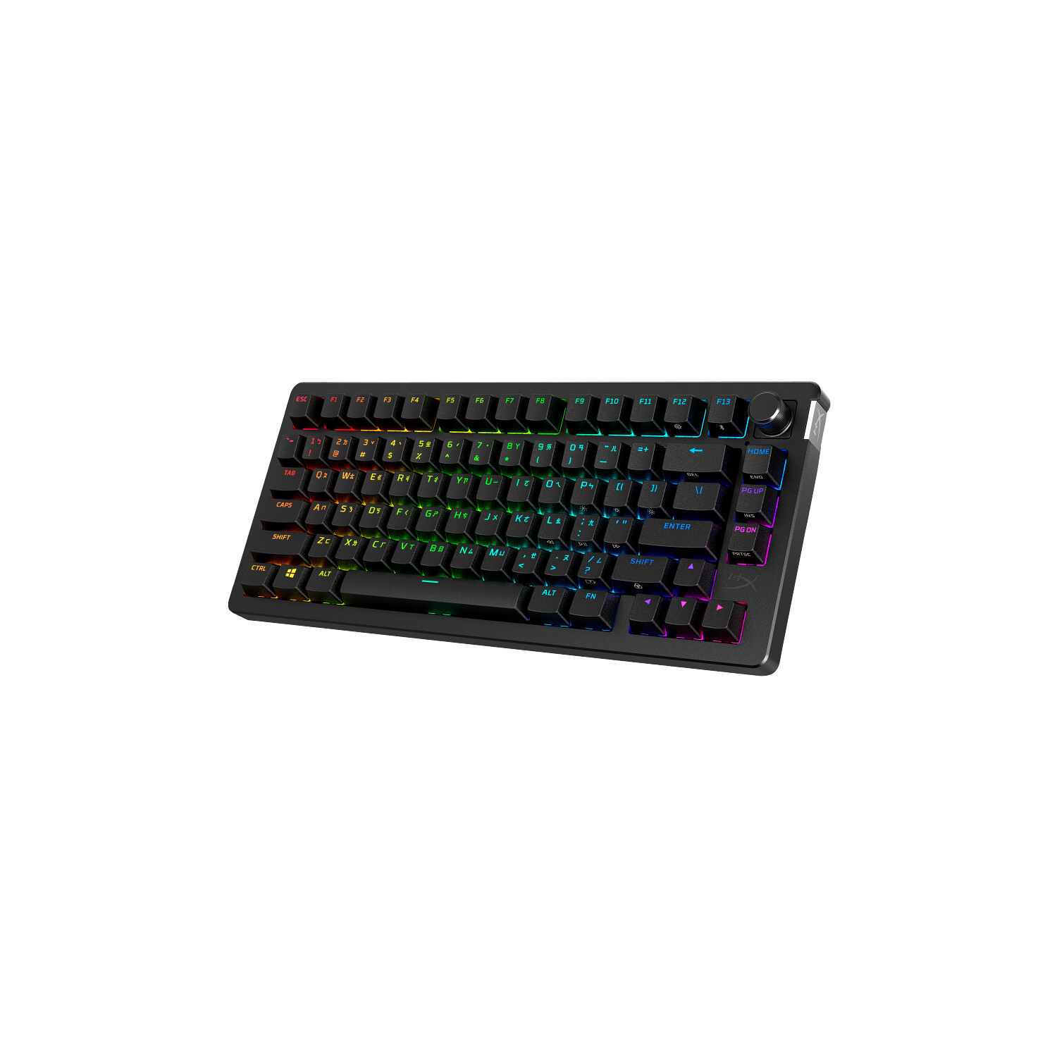 Clavier noir avec touches rétroéclairées colorées. Lettres et symboles visibles. Le clavier est sur fond blanc.