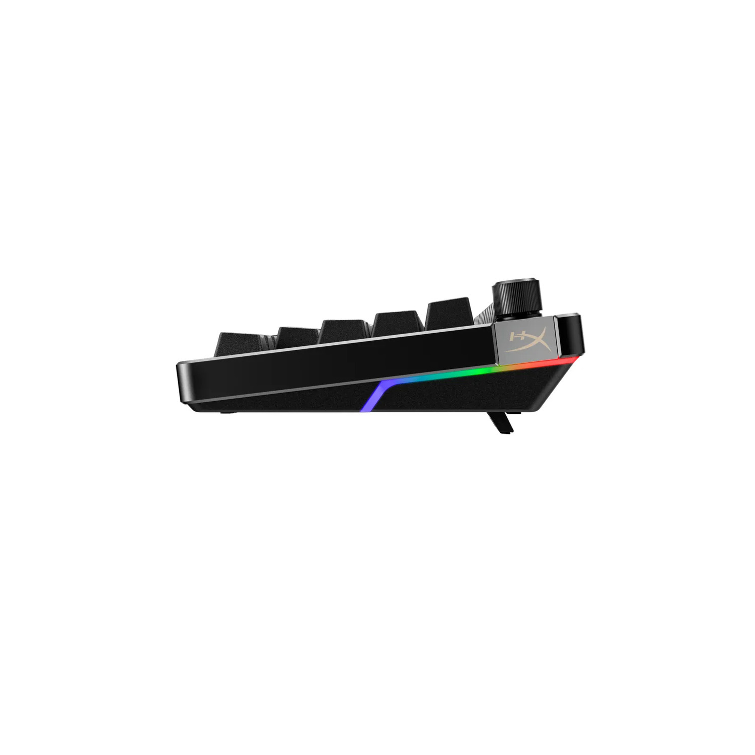 Vue latérale d'un clavier de jeu noir avec éclairage RVB. Il possède un bouton de volume et le logo HyperX.