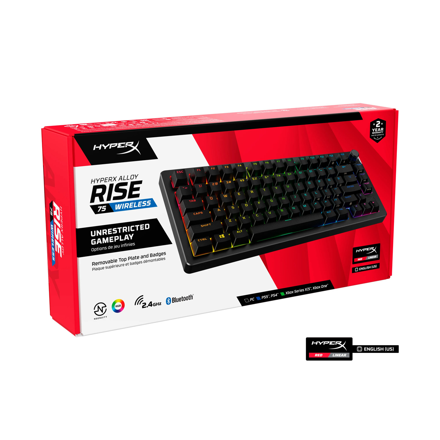 Une boîte de clavier sans fil HyperX Rise 75. Le clavier a des touches noires avec des lumières colorées.